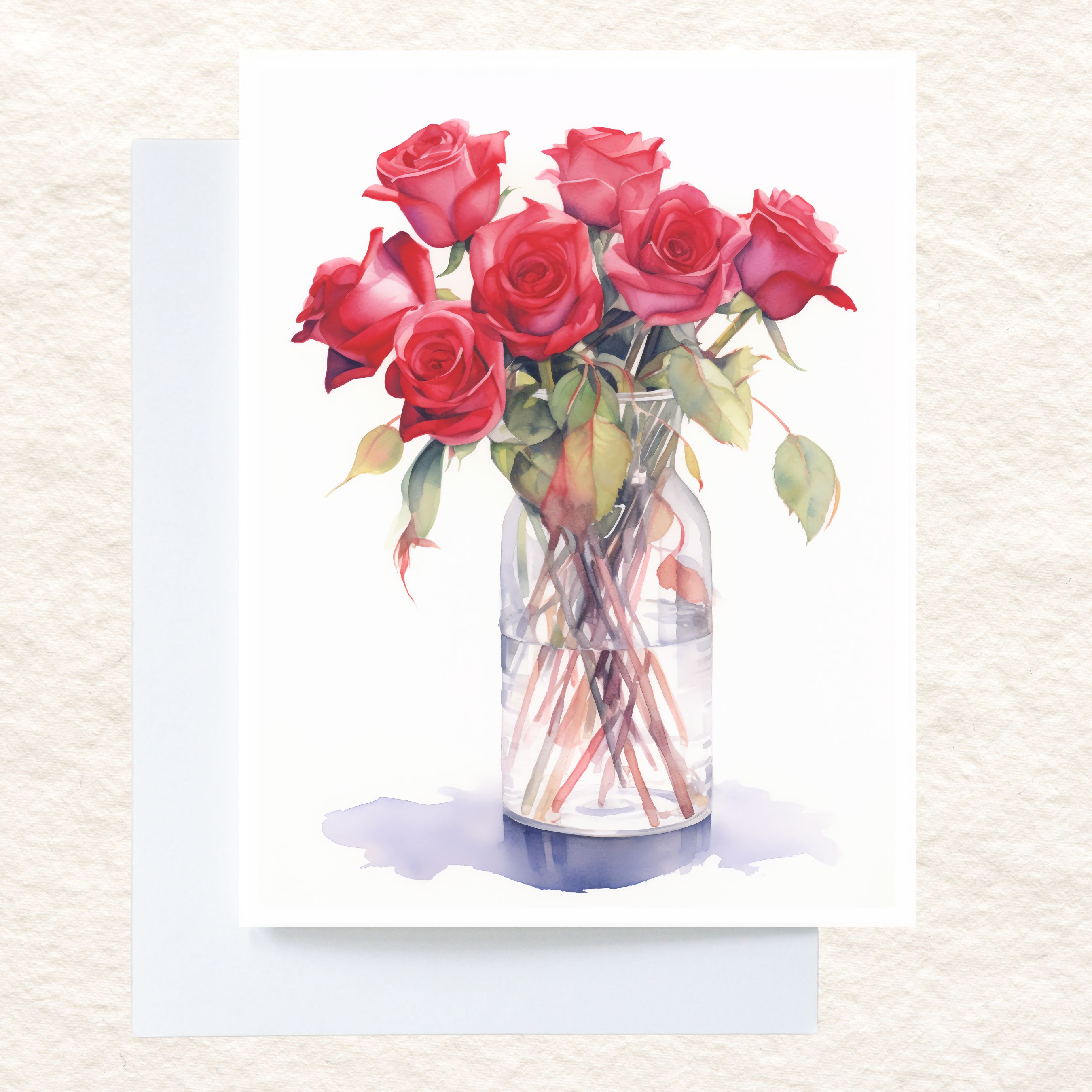 Romantic Red Roses Watercolor Greeting Card, Watercolor Floral Collection, Note Card Flower Stationery, Note Card Greeting, Thank You, All Occasion, Birthday Card, Invitations