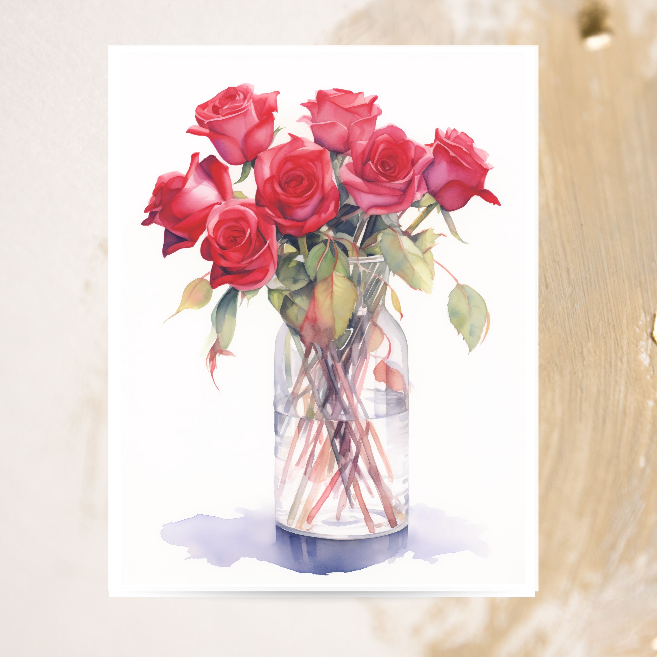 Romantic Red Roses Watercolor Greeting Card, Watercolor Floral Collection, Note Card Flower Stationery, Note Card Greeting, Thank You, All Occasion, Birthday Card, Invitations