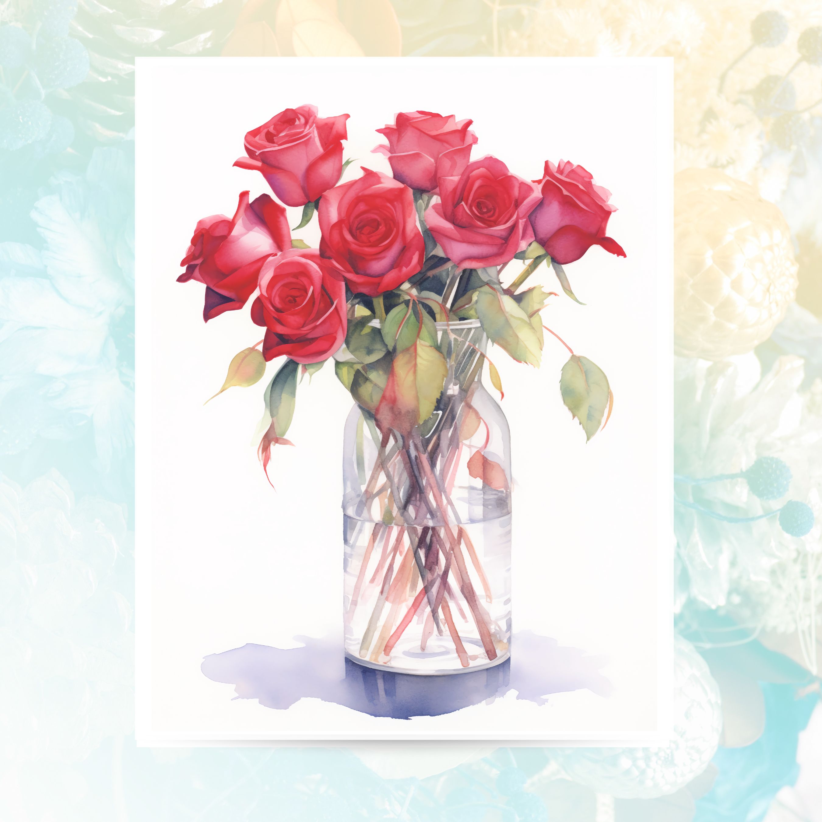Romantic Red Roses Watercolor Greeting Card, Watercolor Floral Collection, Note Card Flower Stationery, Note Card Greeting, Thank You, All Occasion, Birthday Card, Invitations