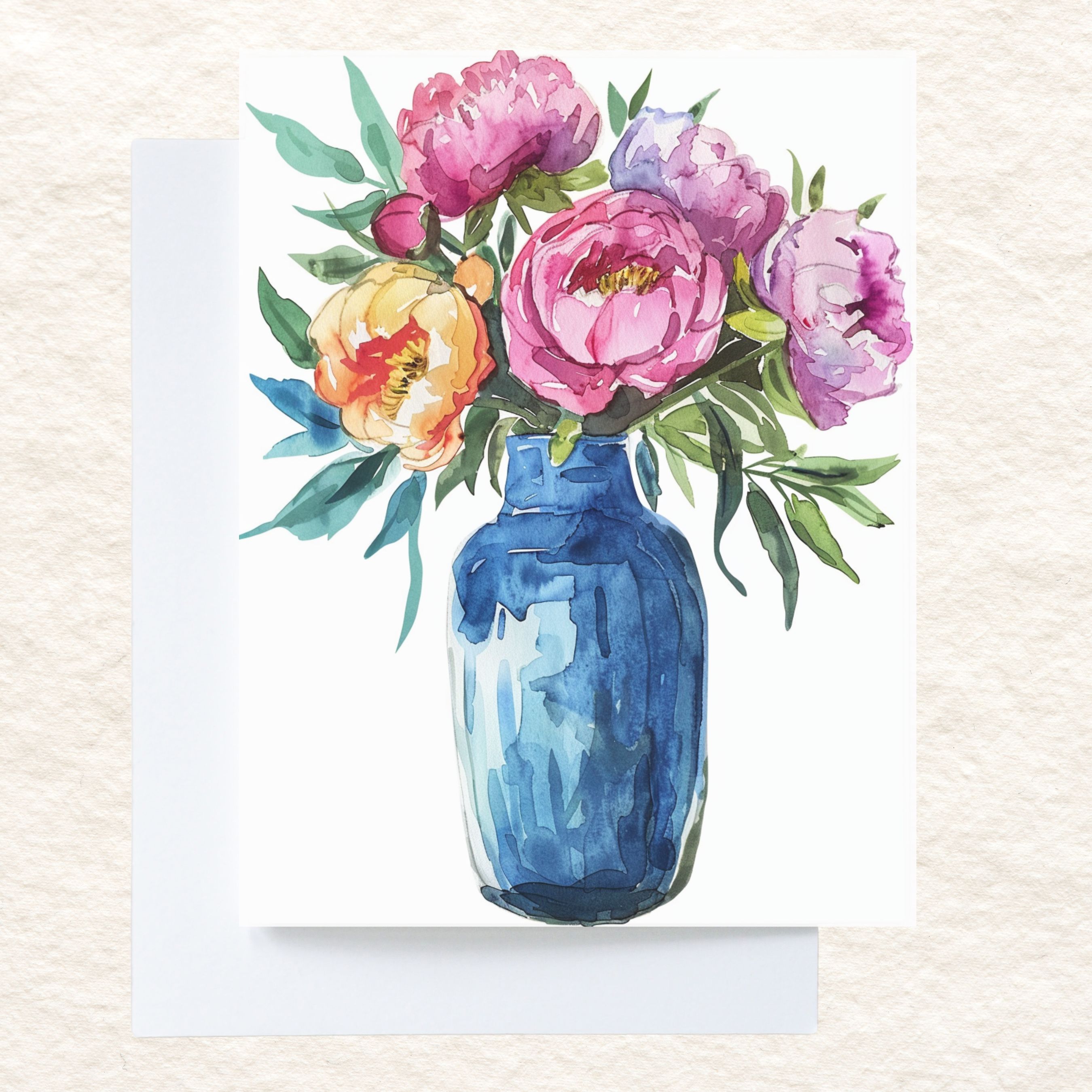 Vibrant Peony Bouquet Watercolor Card - Blue Vase Floral Arrangement, Note Card Flower Stationery, Note Card Greeting, Thank You, All Occasion, Birthday Card, Invitations