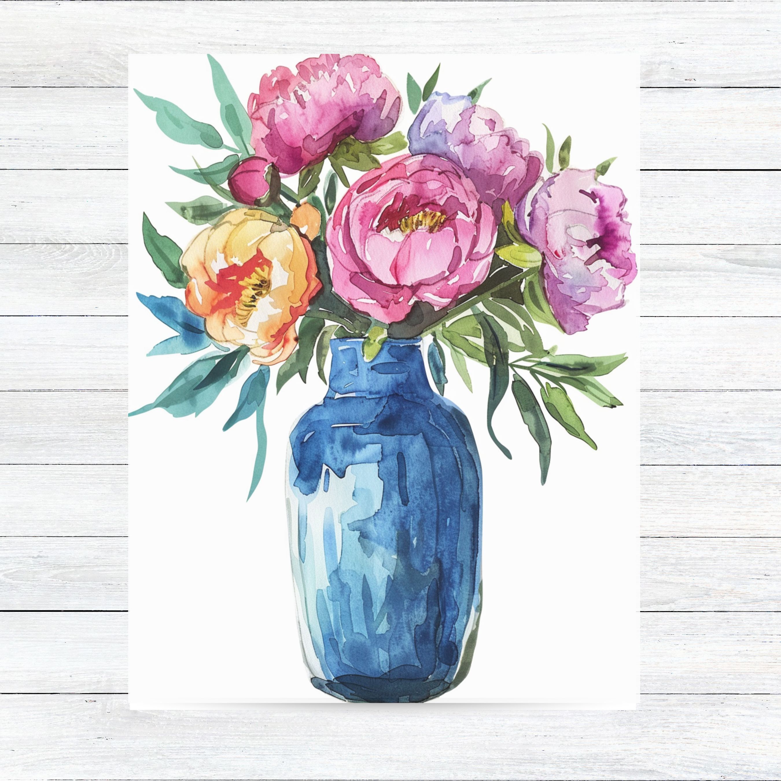 Vibrant Peony Bouquet Watercolor Card - Blue Vase Floral Arrangement, Note Card Flower Stationery, Note Card Greeting, Thank You, All Occasion, Birthday Card, Invitations