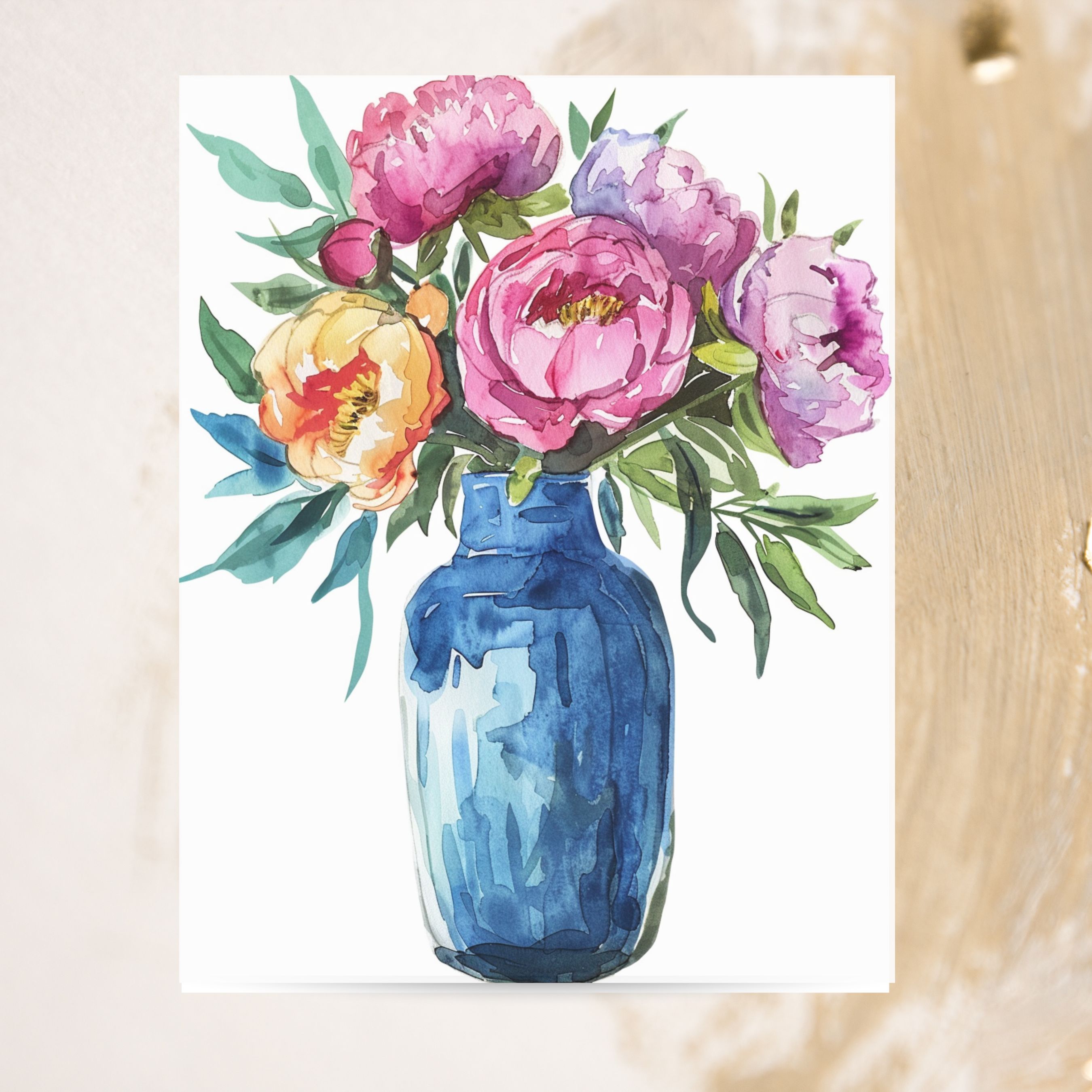 Vibrant Peony Bouquet Watercolor Card - Blue Vase Floral Arrangement, Note Card Flower Stationery, Note Card Greeting, Thank You, All Occasion, Birthday Card, Invitations