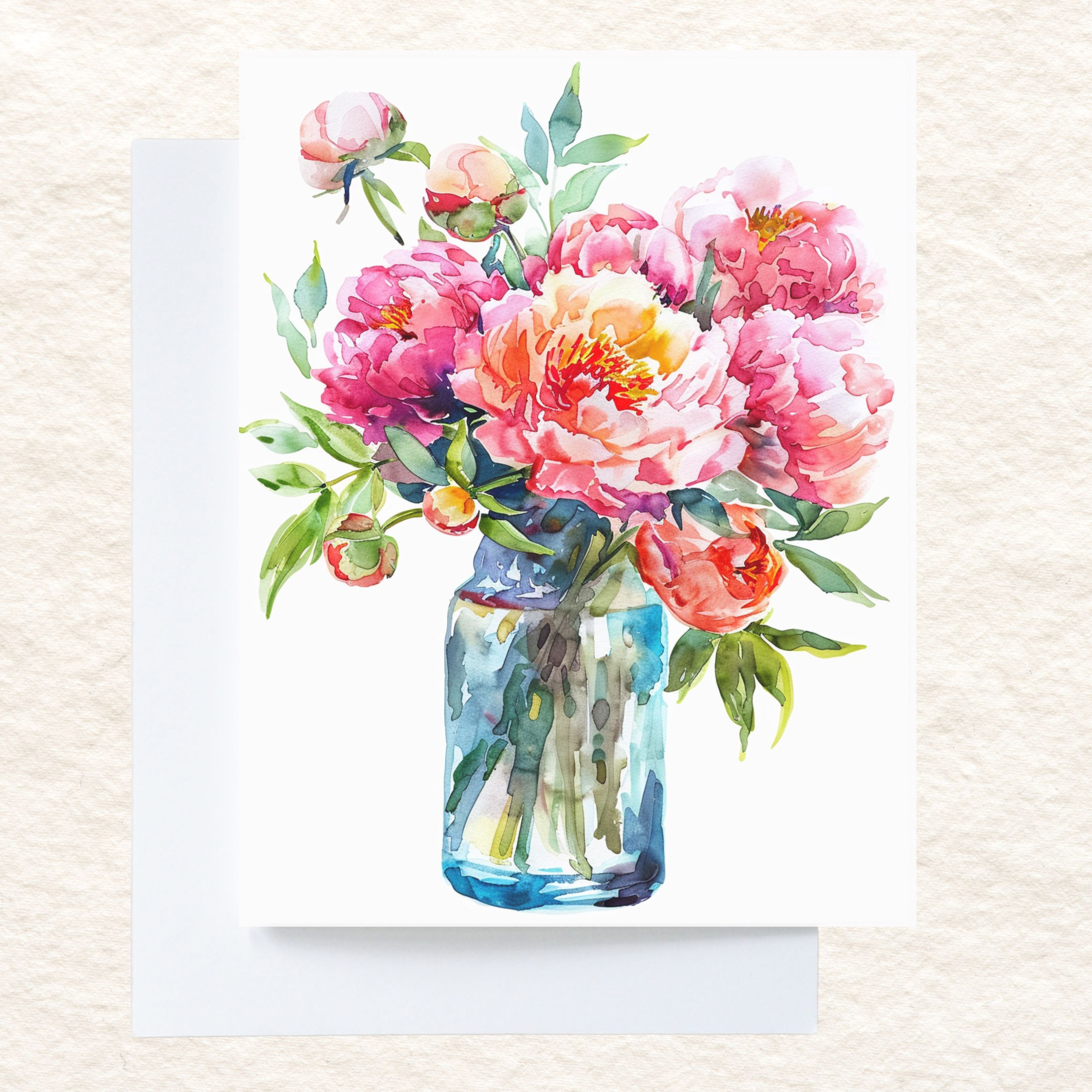 Summer Bloom Watercolor Greeting Card, Lush Peony Bouquet in Mason Jar, Floral Watercolor, Note Card Greeting, Thank You, All Occasion, Birthday Card, Invitations