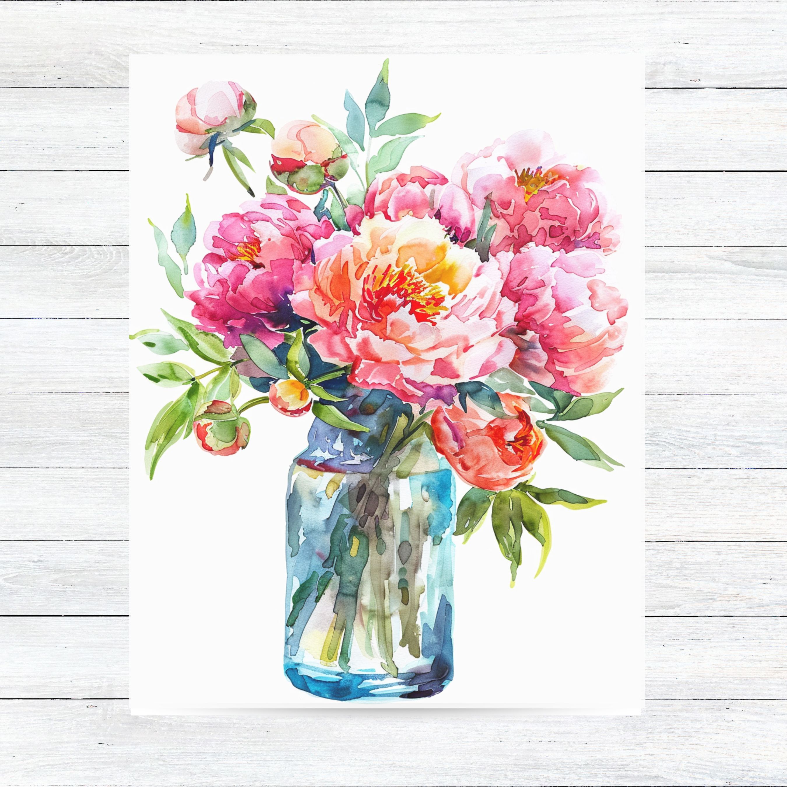 Summer Bloom Watercolor Greeting Card, Lush Peony Bouquet in Mason Jar, Floral Watercolor, Note Card Greeting, Thank You, All Occasion, Birthday Card, Invitations