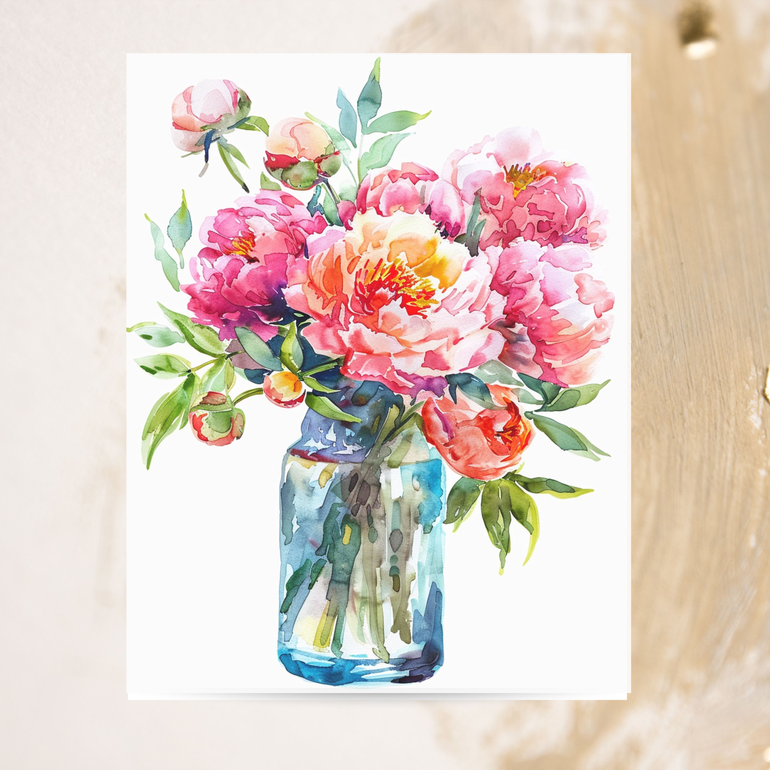 Summer Bloom Watercolor Greeting Card, Lush Peony Bouquet in Mason Jar, Floral Watercolor, Note Card Greeting, Thank You, All Occasion, Birthday Card, Invitations