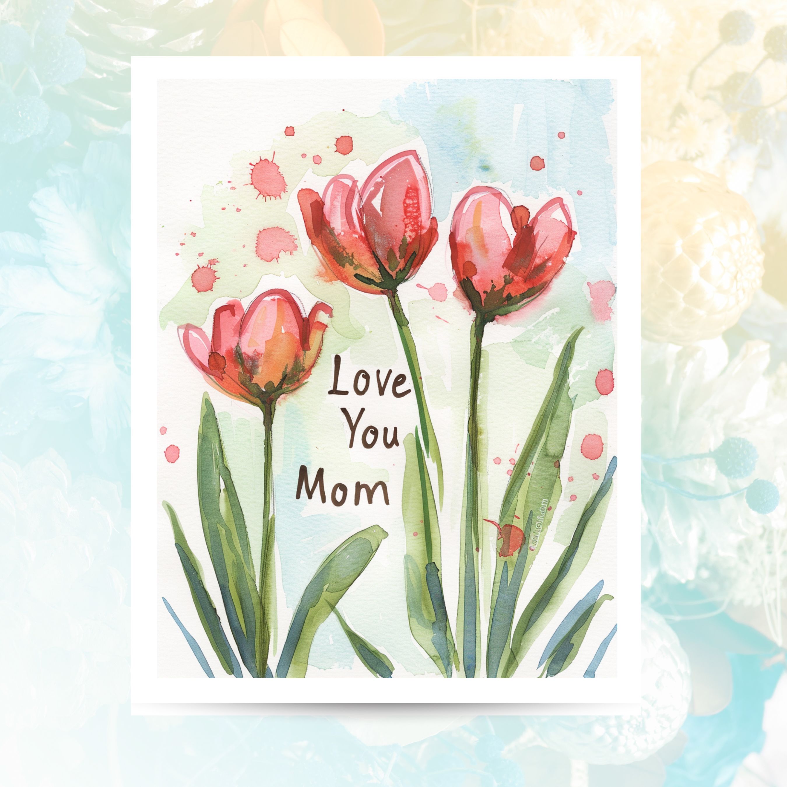 Love You Mom Greeting Card, Husband to Wife, Kid For Mom Watercolor, Note Card Greeting, Thank You, All Occasion, Birthday Card, Invitations