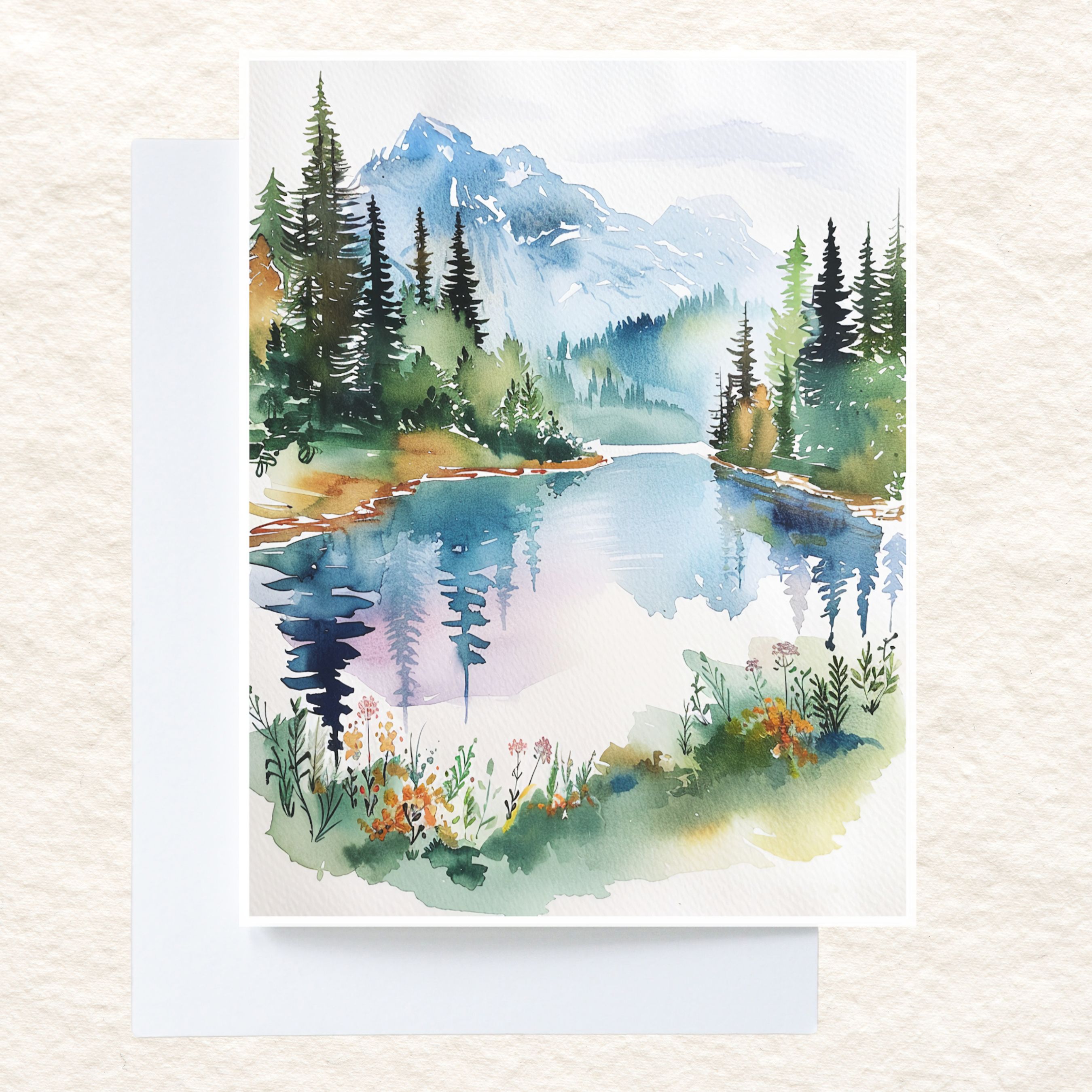 Watercolor Blue Mountain Lake Scene, Forest Reflections Card, Note Card Greeting, Thank You, All Occasion, Birthday Card, Invitations