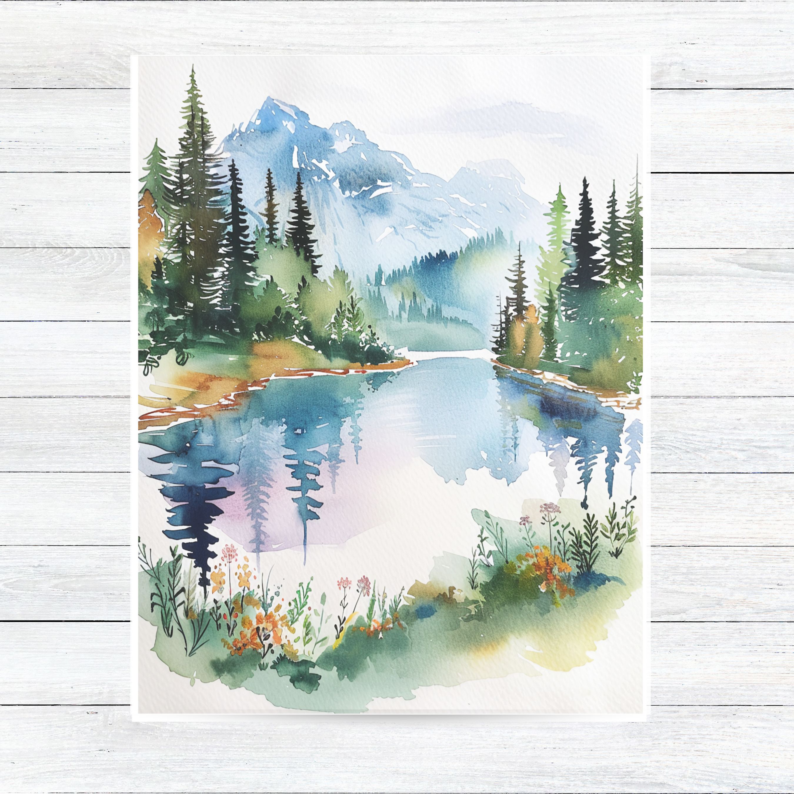 Watercolor Blue Mountain Lake Scene, Forest Reflections Card, Note Card Greeting, Thank You, All Occasion, Birthday Card, Invitations