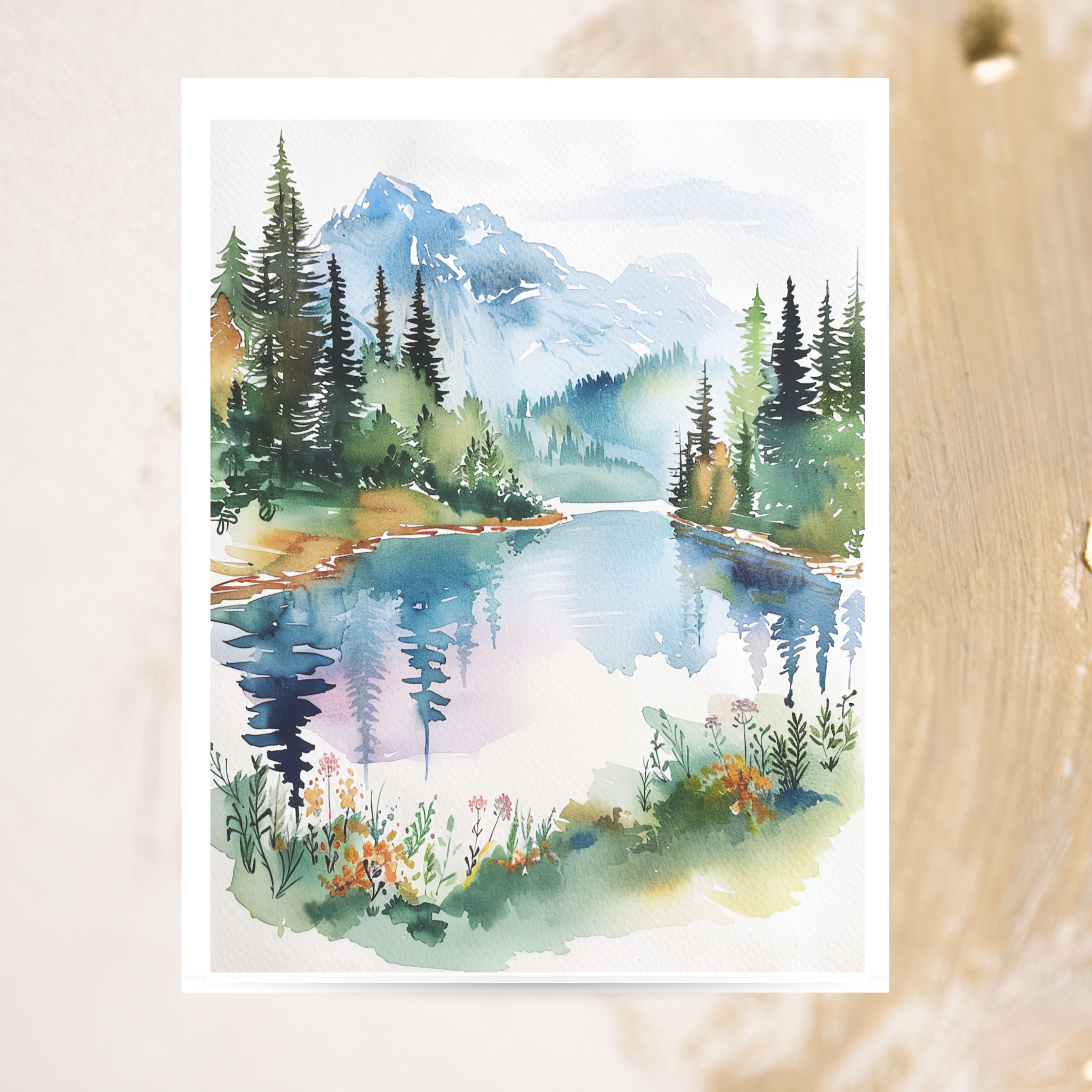 Watercolor Blue Mountain Lake Scene, Forest Reflections Card, Note Card Greeting, Thank You, All Occasion, Birthday Card, Invitations