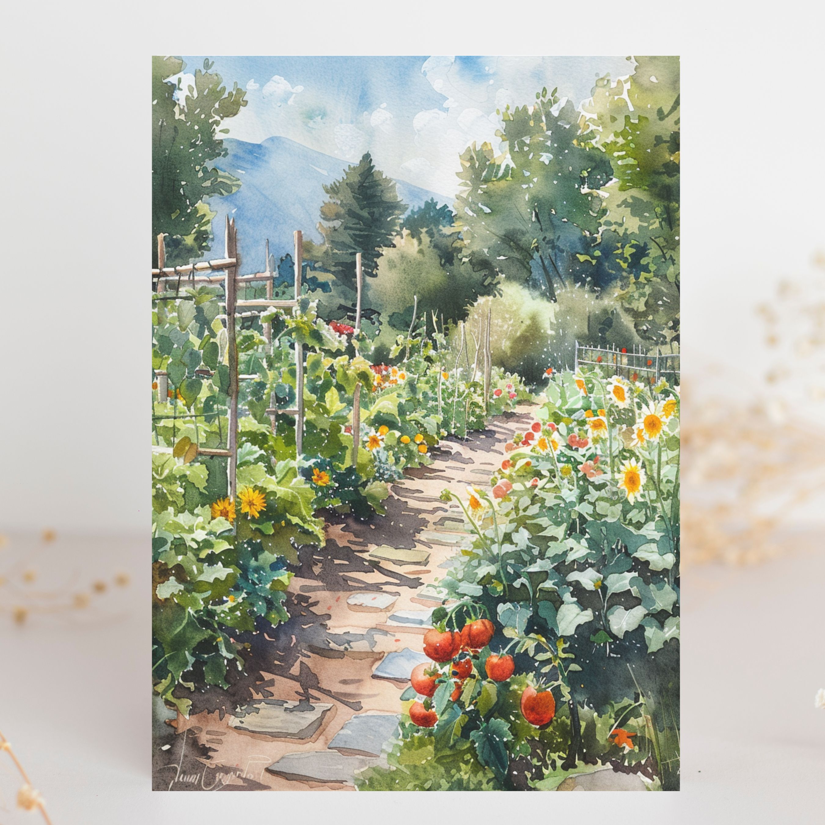Watercolor Summer Garden, Note Card Greeting, Thank You, All Occasion, Birthday Card, Invitations