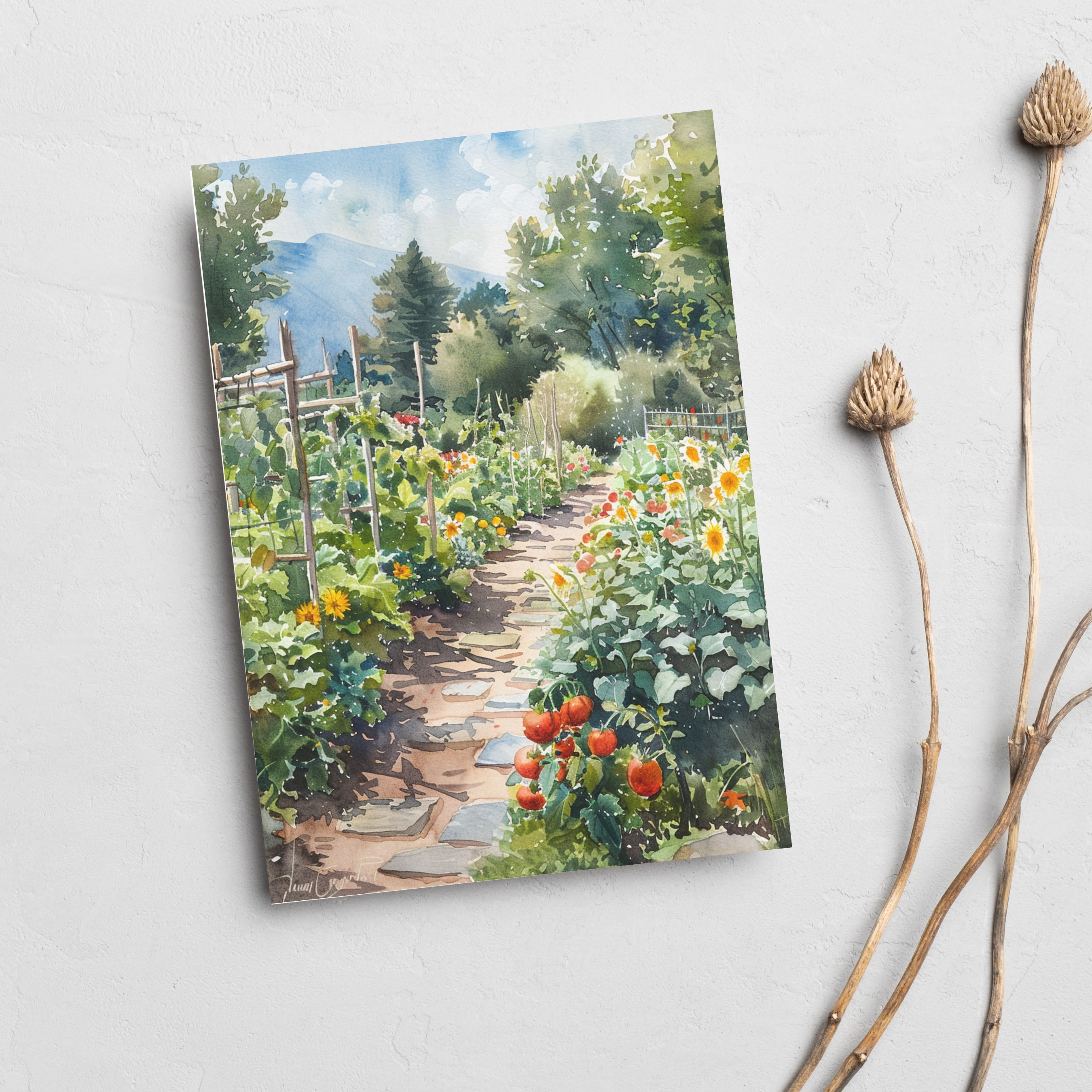 Watercolor Summer Garden, Note Card Greeting, Thank You, All Occasion, Birthday Card, Invitations