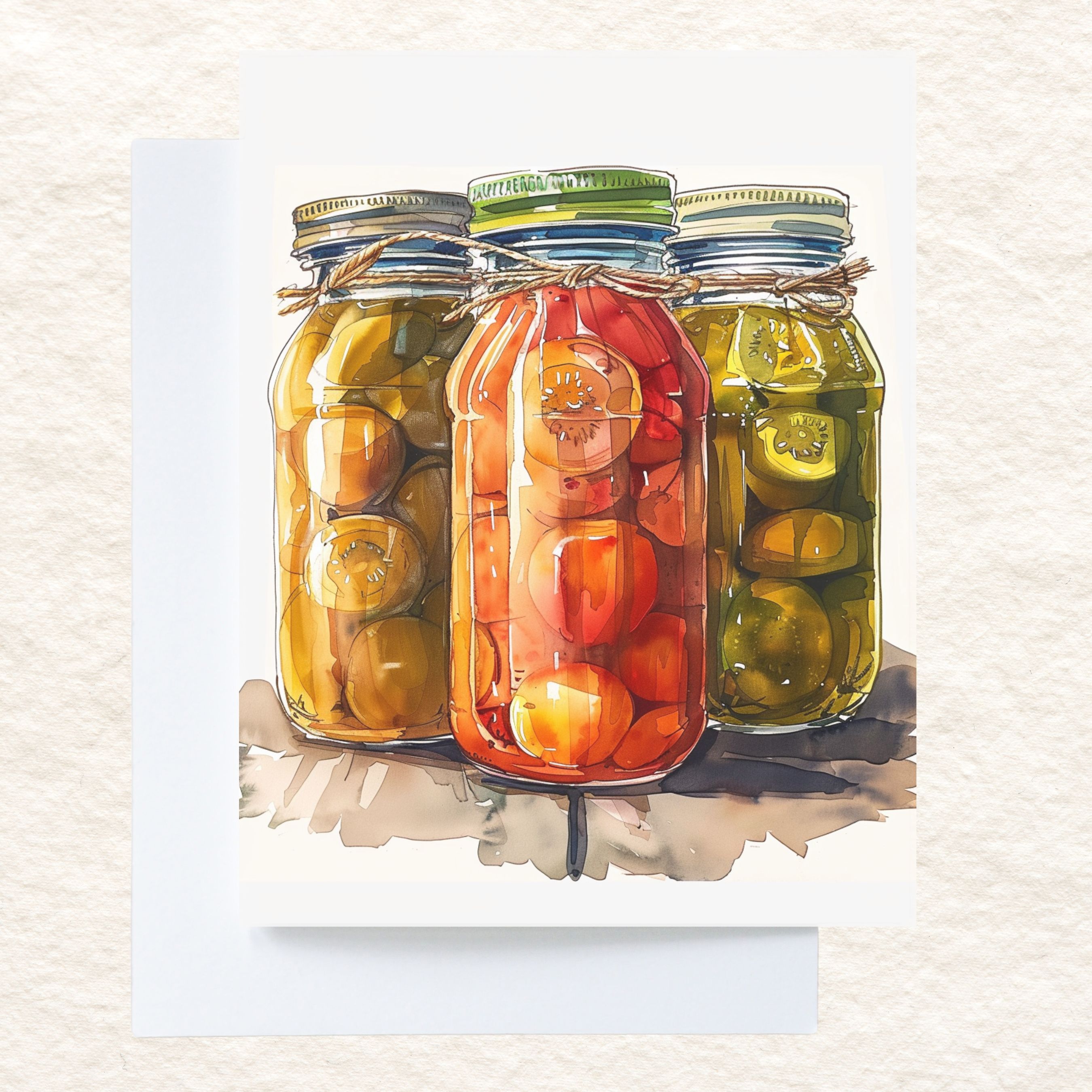 Watercolor Preserved Sunshine, Homemade Canning Food Jars,, Note Card Greeting, Thank You, All Occasion, Birthday Card, Invitations