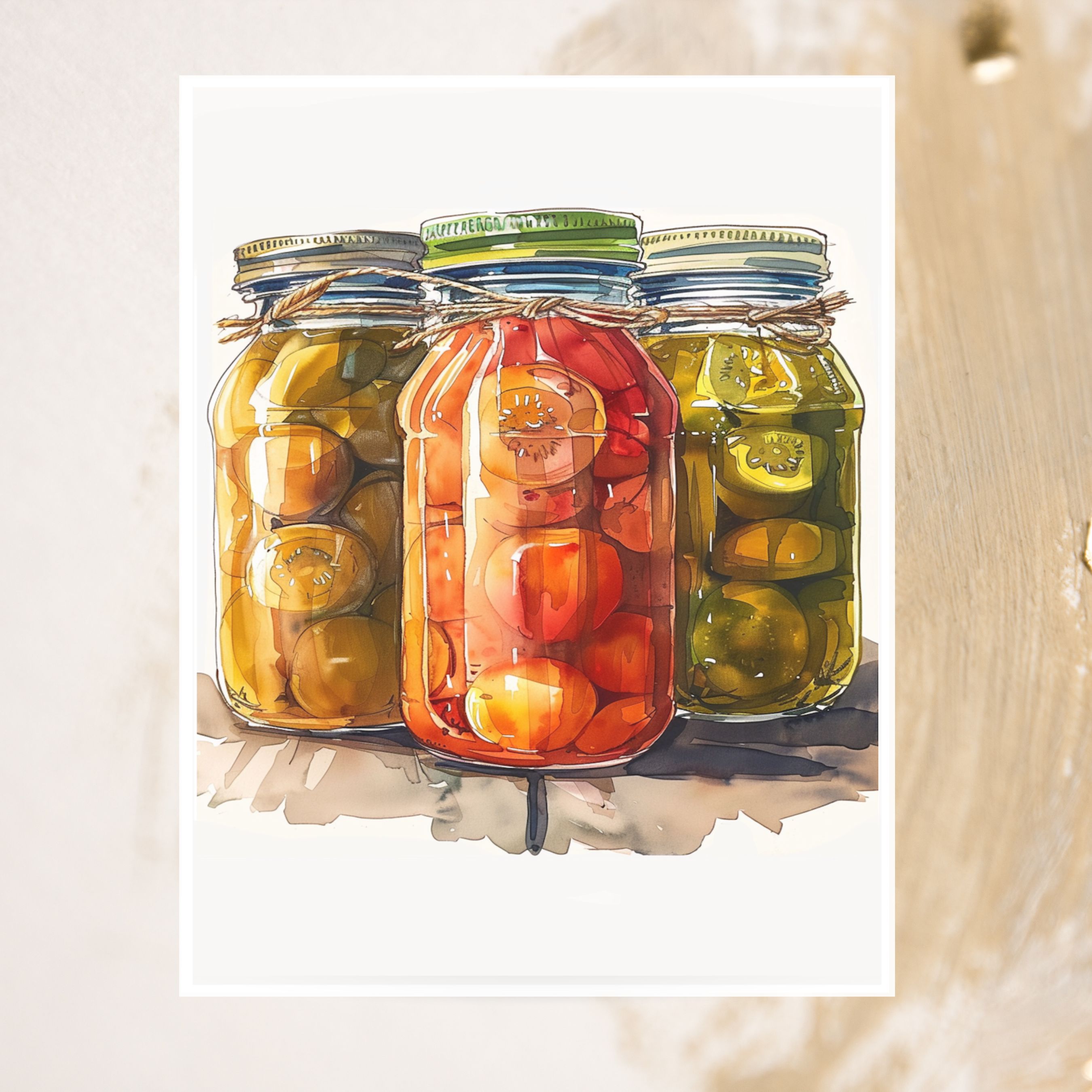 Watercolor Preserved Sunshine, Homemade Canning Food Jars,, Note Card Greeting, Thank You, All Occasion, Birthday Card, Invitations