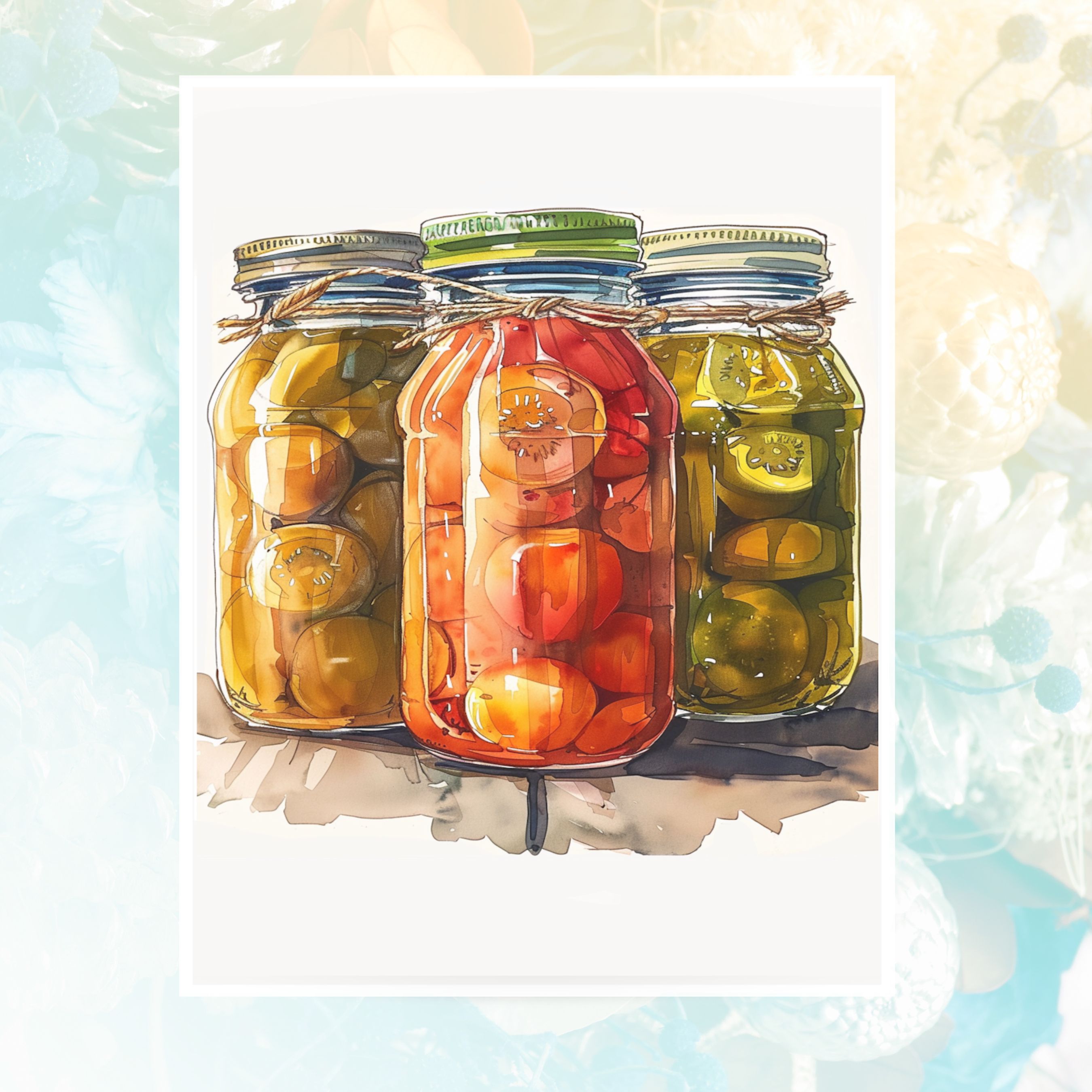 Watercolor Preserved Sunshine, Homemade Canning Food Jars,, Note Card Greeting, Thank You, All Occasion, Birthday Card, Invitations