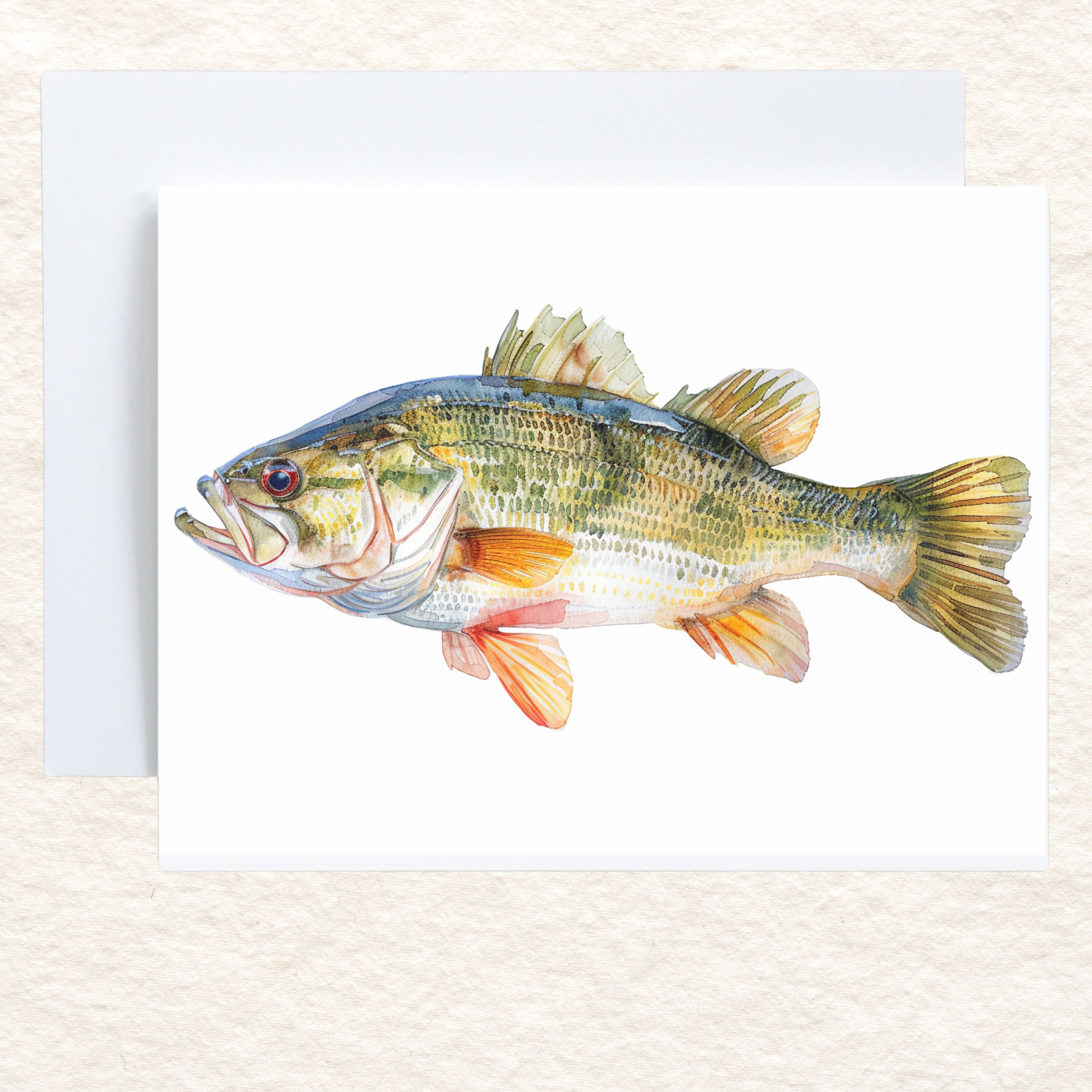 Bass Watercolor Greeting Card, Freshwater Fish Art, Angler Gift, Note Card, All Occasion, Birthday Card, Invitations