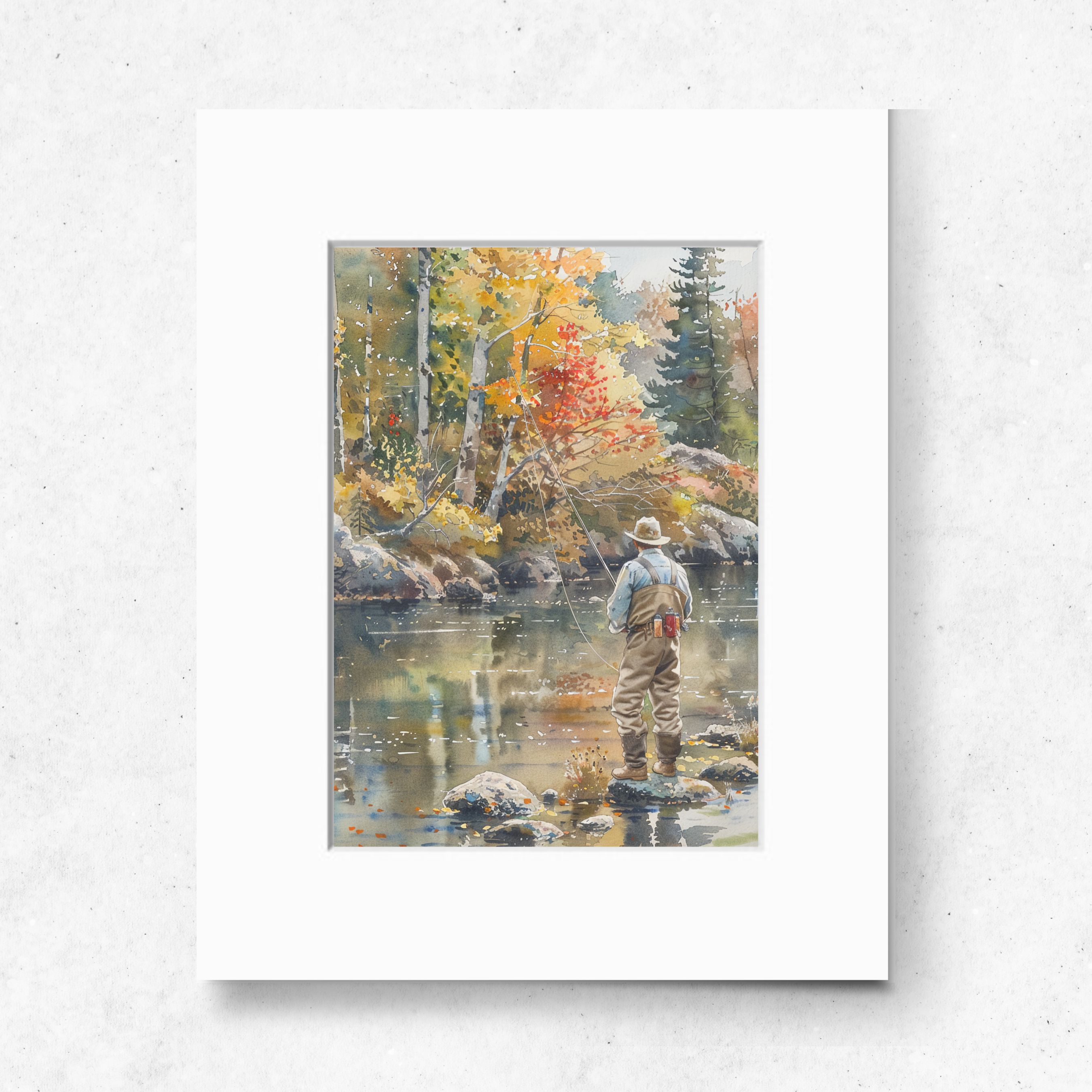 Fly Fishing Art Print, Autumn River Scene, Fisherman in Nature, Watercolor Wall Decor, High Quality Art Print, Original Art