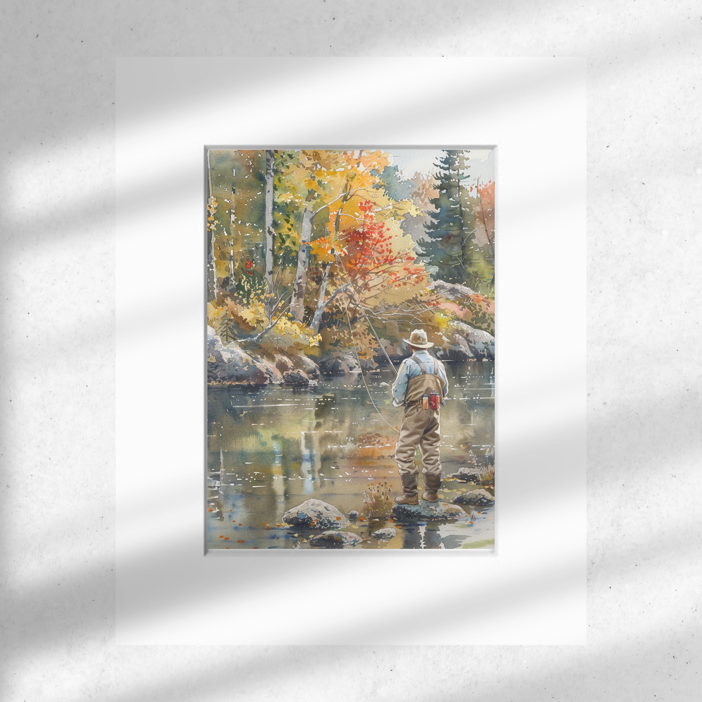 Fly Fishing Art Print, Autumn River Scene, Fisherman in Nature, Watercolor Wall Decor, High Quality Art Print, Original Art