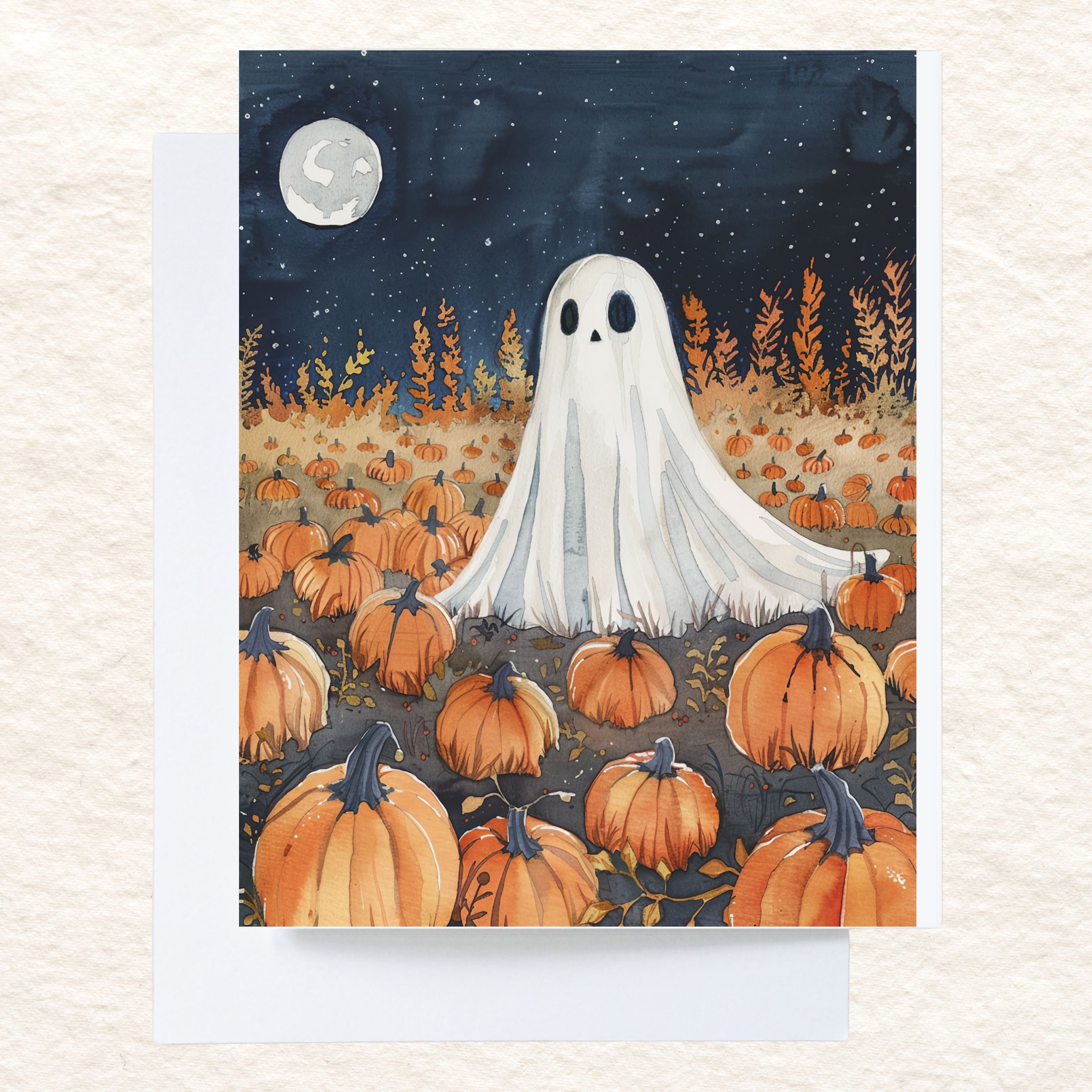 Watercolor Ghost in Pumpkin Field, Autumn Greeting, Handmade Card, Note Card Greeting, Thank You, All Occasion, Birthday Card, Invitations
