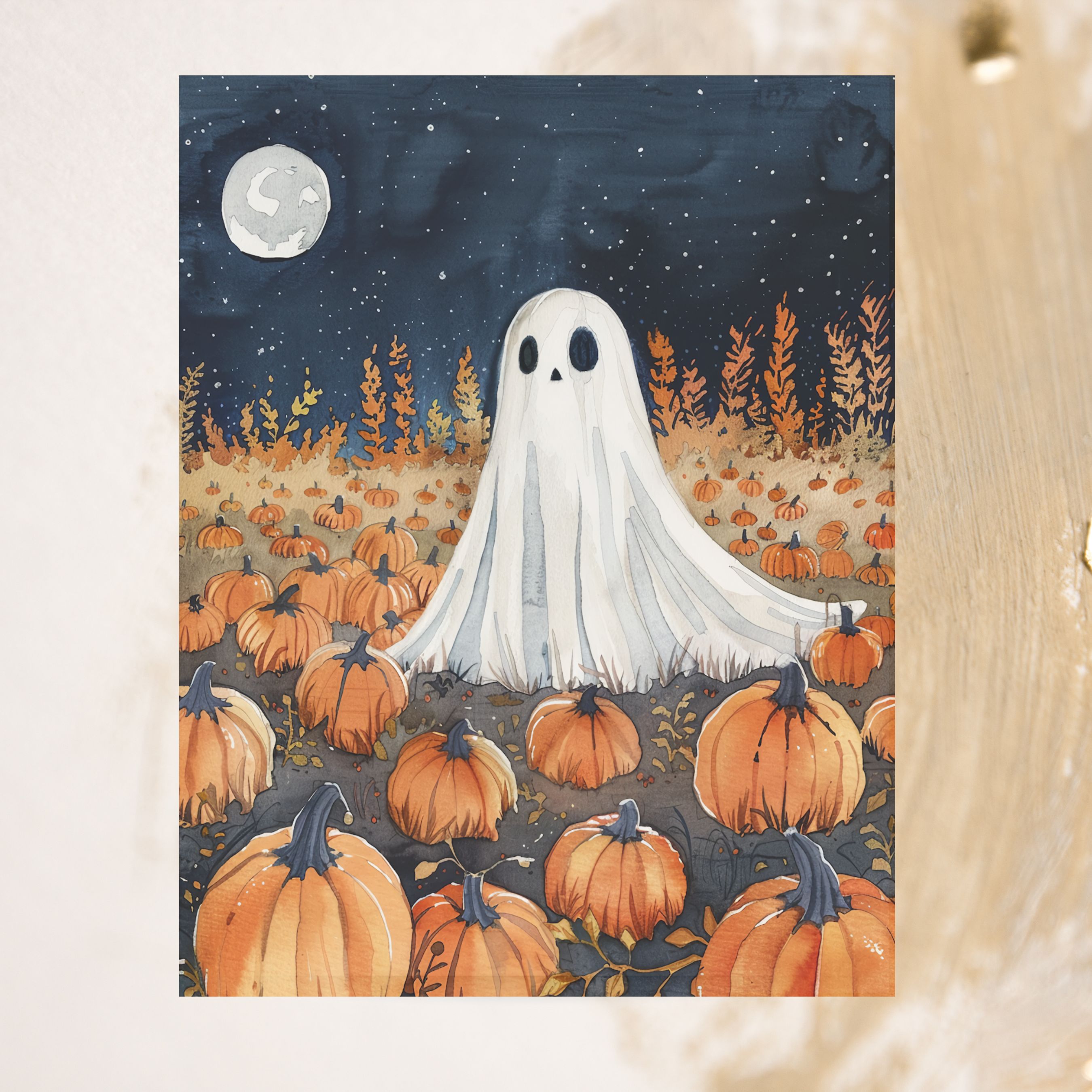 Watercolor Ghost in Pumpkin Field, Autumn Greeting, Handmade Card, Note Card Greeting, Thank You, All Occasion, Birthday Card, Invitations
