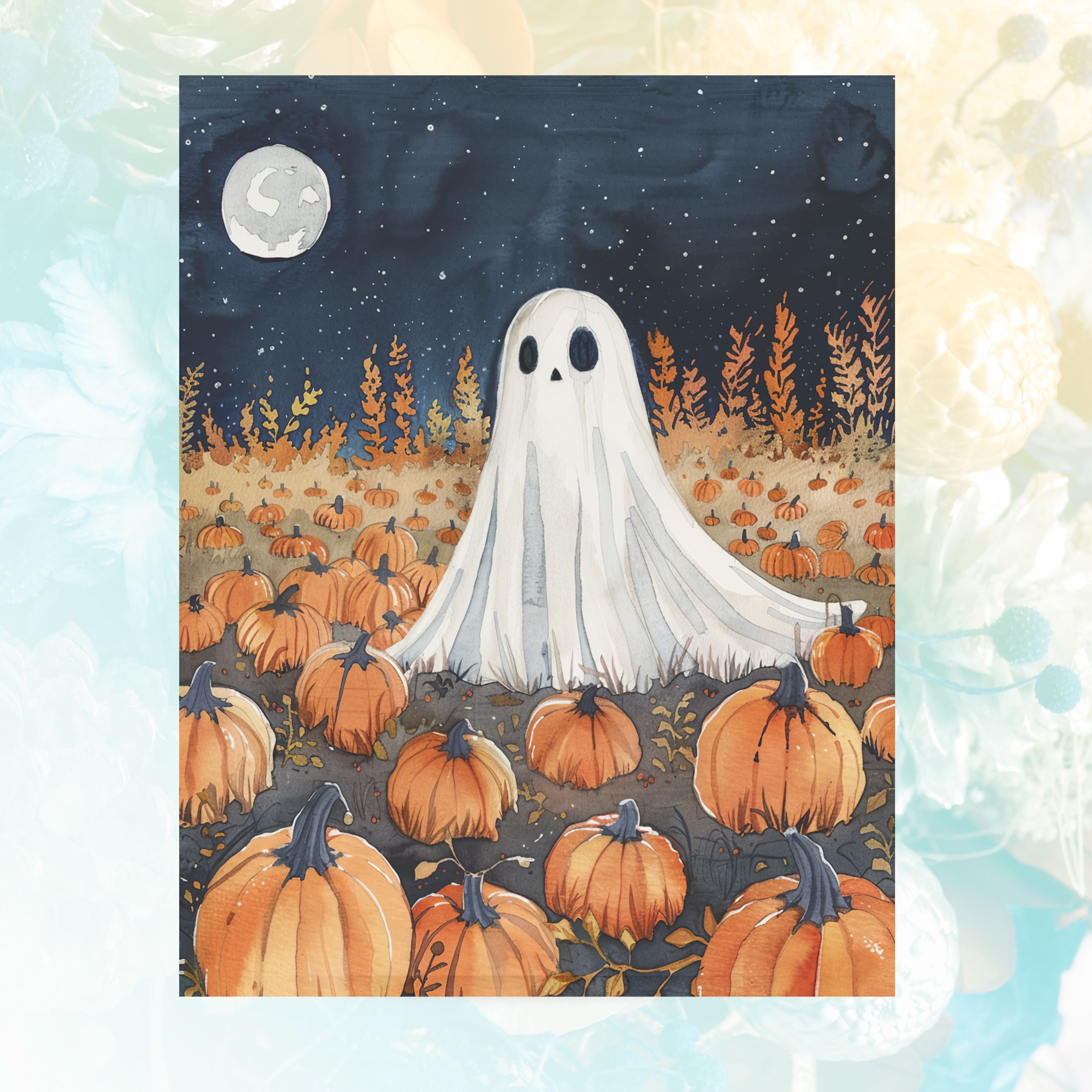Watercolor Ghost in Pumpkin Field, Autumn Greeting, Handmade Card, Note Card Greeting, Thank You, All Occasion, Birthday Card, Invitations