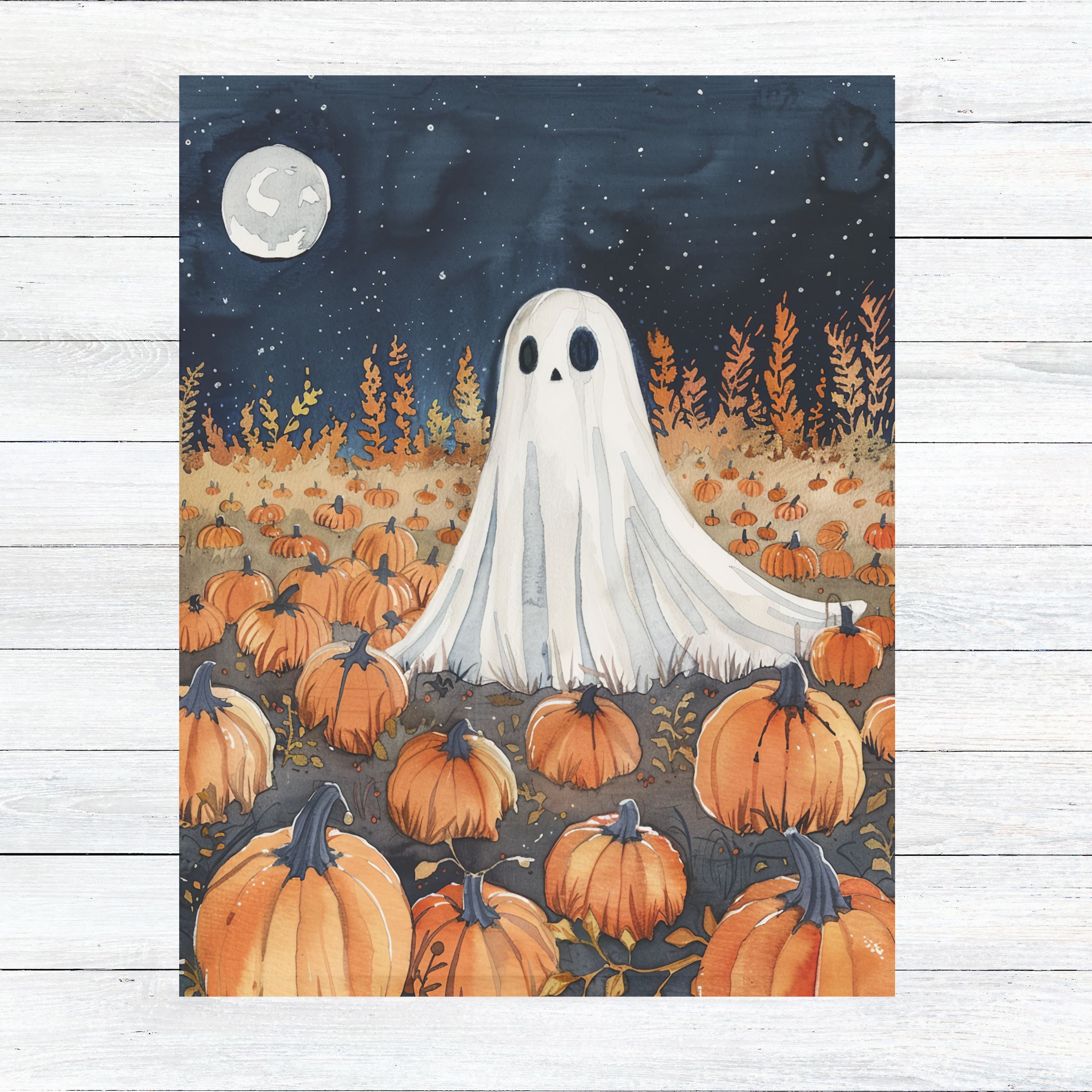 Watercolor Ghost in Pumpkin Field, Autumn Greeting, Handmade Card, Note Card Greeting, Thank You, All Occasion, Birthday Card, Invitations