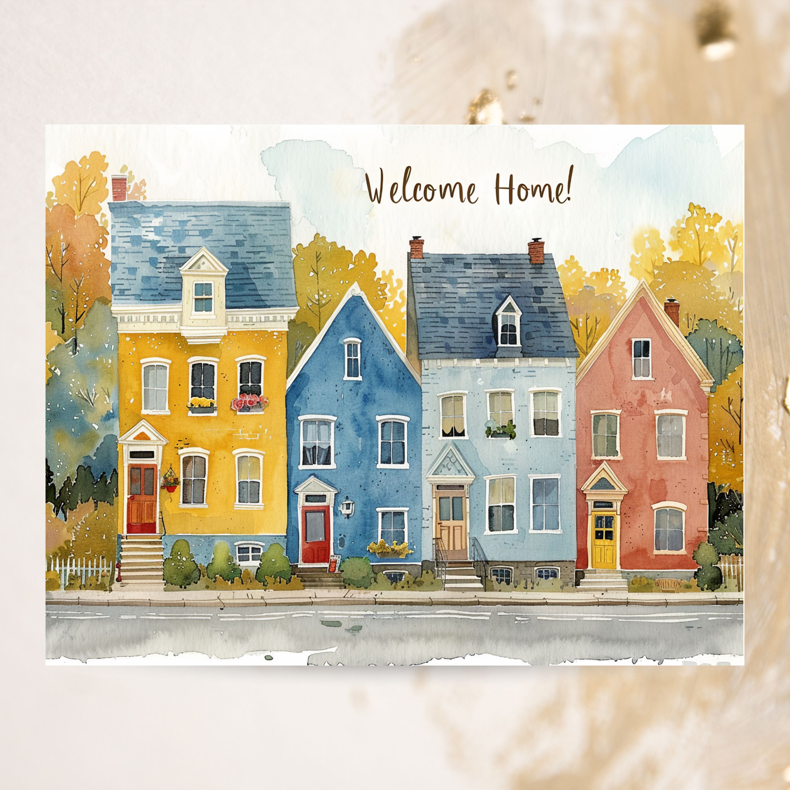 Housewarming, Welcome Home Card, Charming Watercolor New Home Greeting with Colorful Townhouses, Handmade Cards