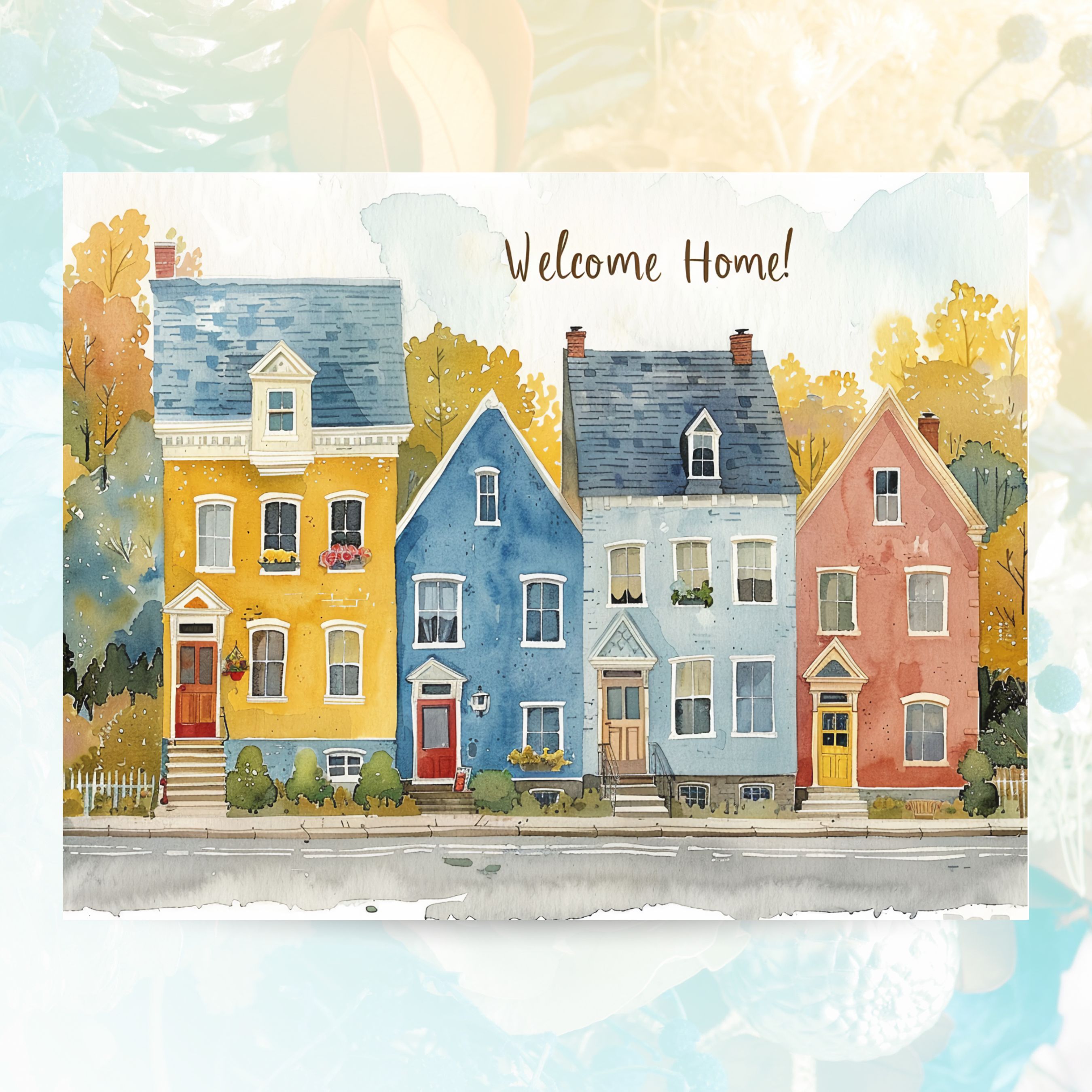 Housewarming, Welcome Home Card, Charming Watercolor New Home Greeting with Colorful Townhouses, Handmade Cards