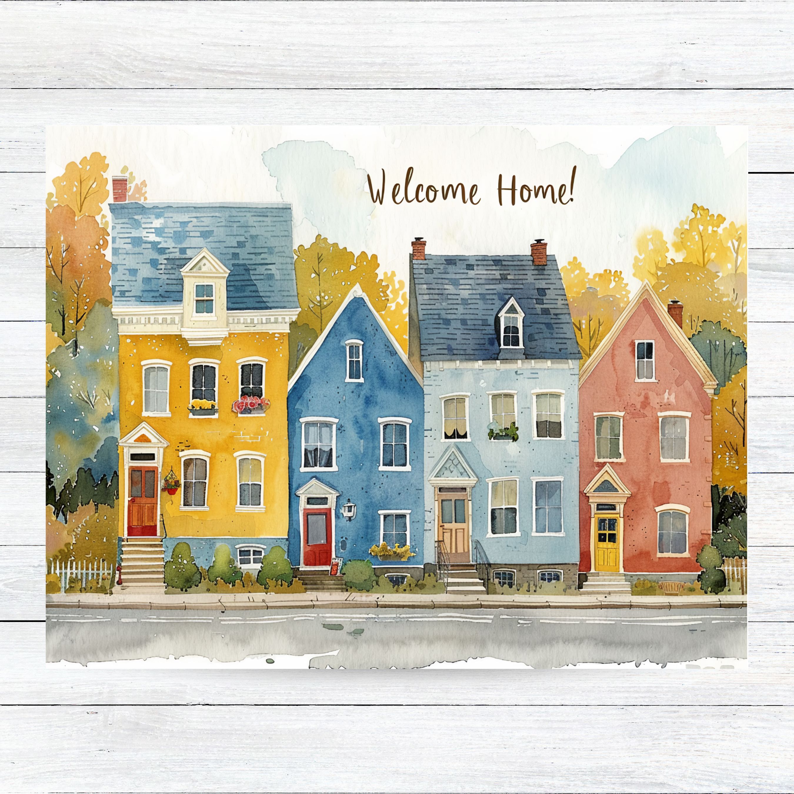 Housewarming, Welcome Home Card, Charming Watercolor New Home Greeting with Colorful Townhouses, Handmade Cards