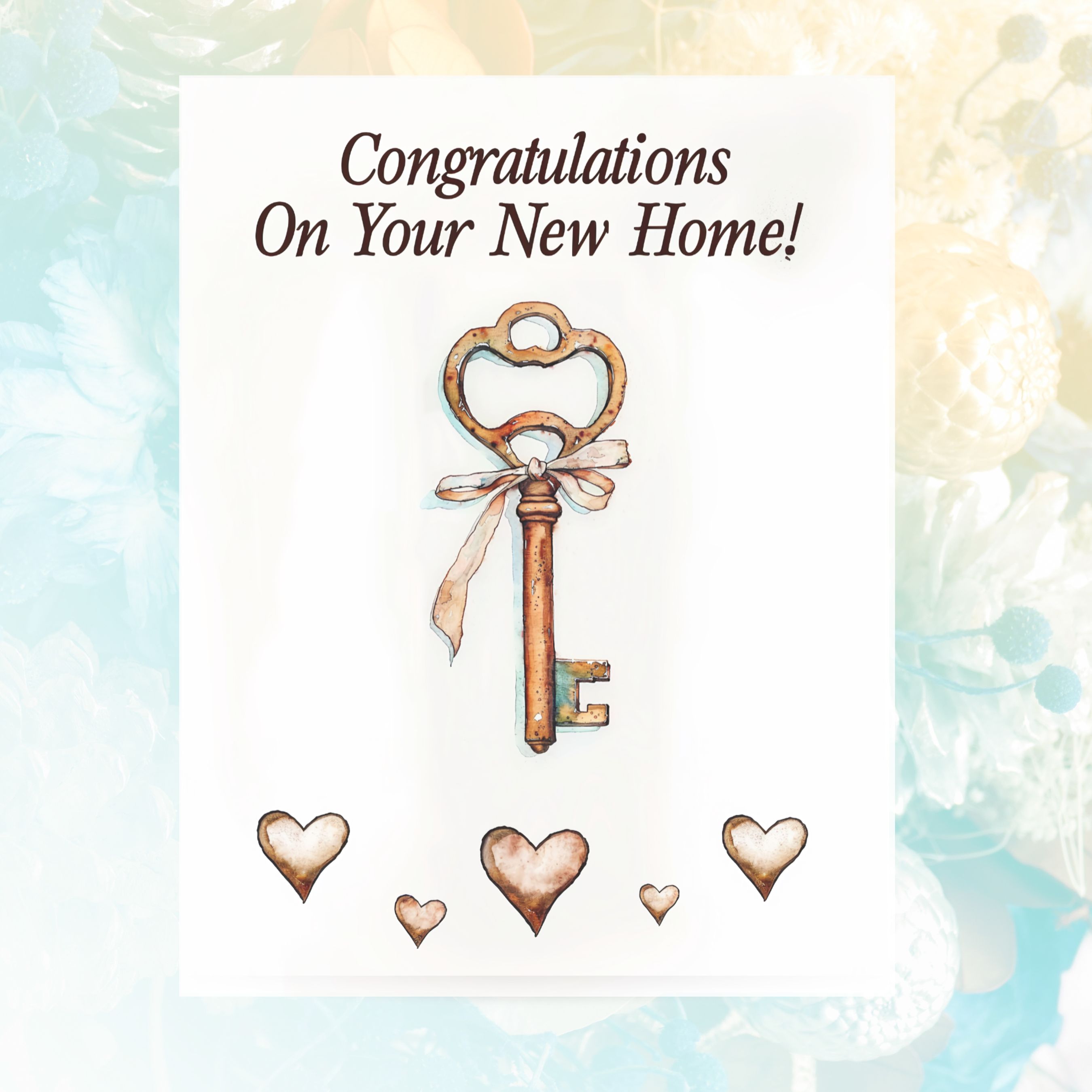 New Home Celebration, Watercolor Key Art, Congratulations Handmade Greeting Cards