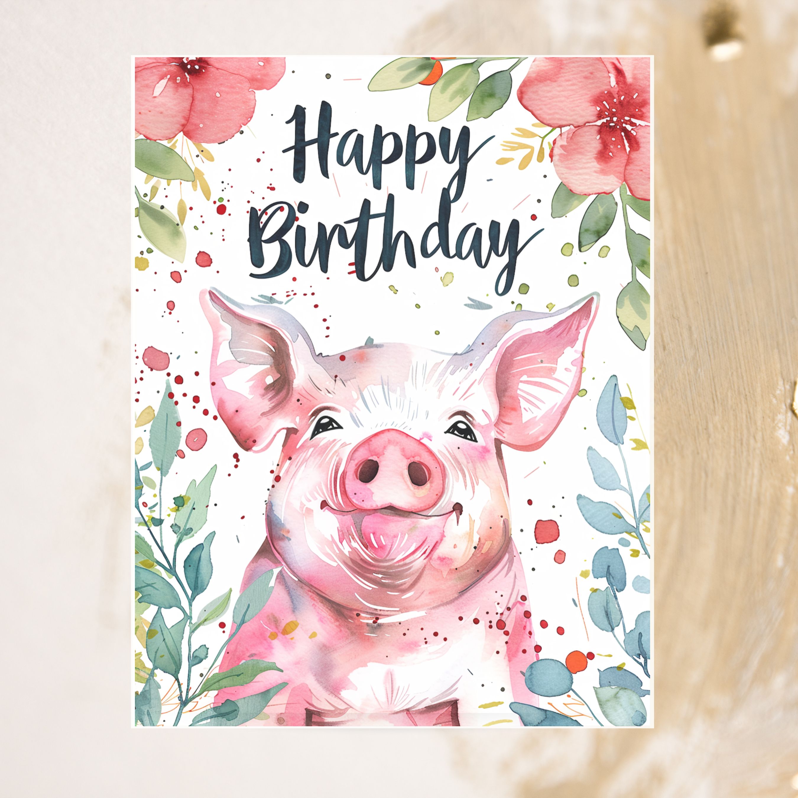 Happy Birthday Piggy Card, Playful Farm Animal Greeting, Watercolor Pig with Flowers, Cheerful Birthday Wishes, Handmade Birthday Greeting Cards