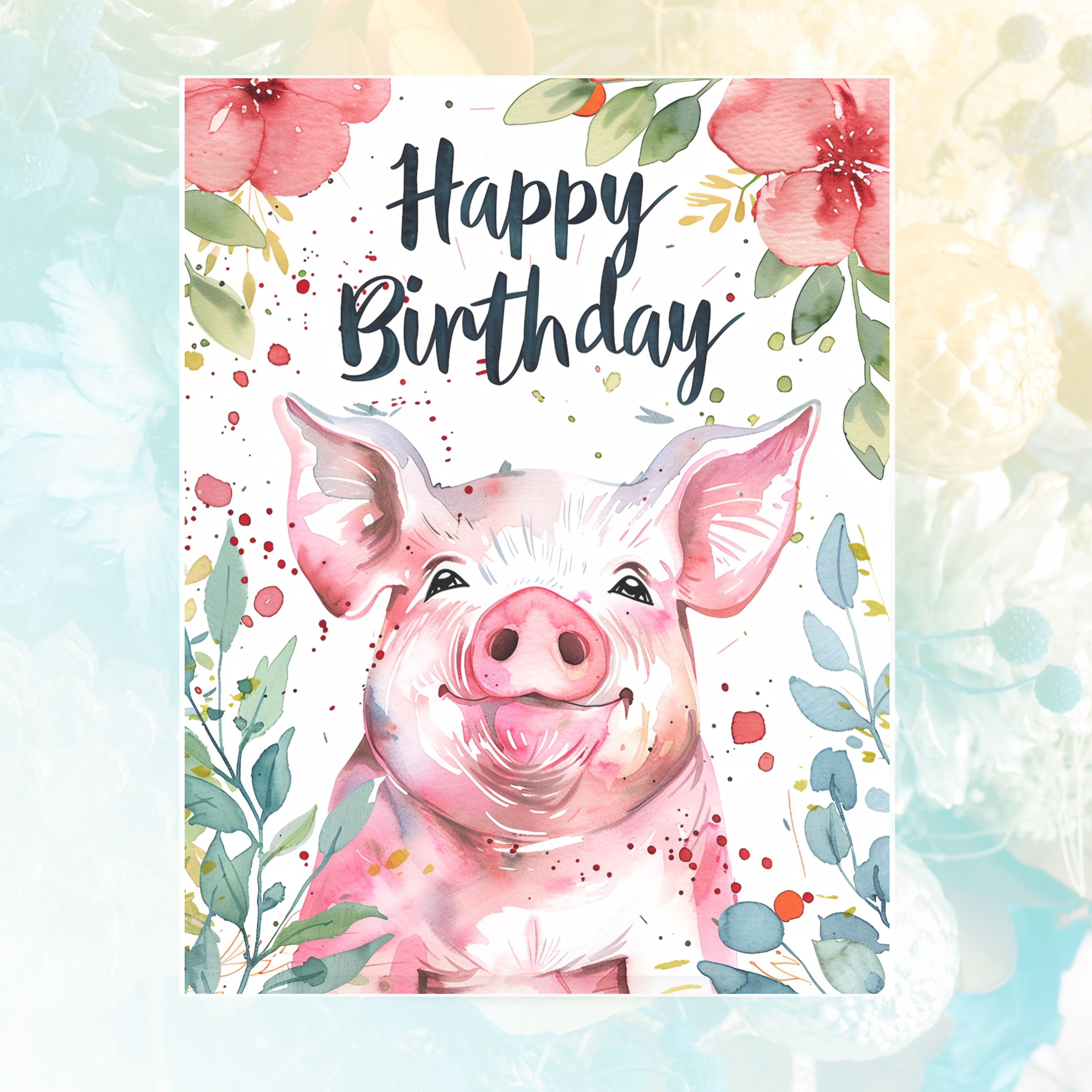 Happy Birthday Piggy Card, Playful Farm Animal Greeting, Watercolor Pig with Flowers, Cheerful Birthday Wishes, Handmade Birthday Greeting Cards