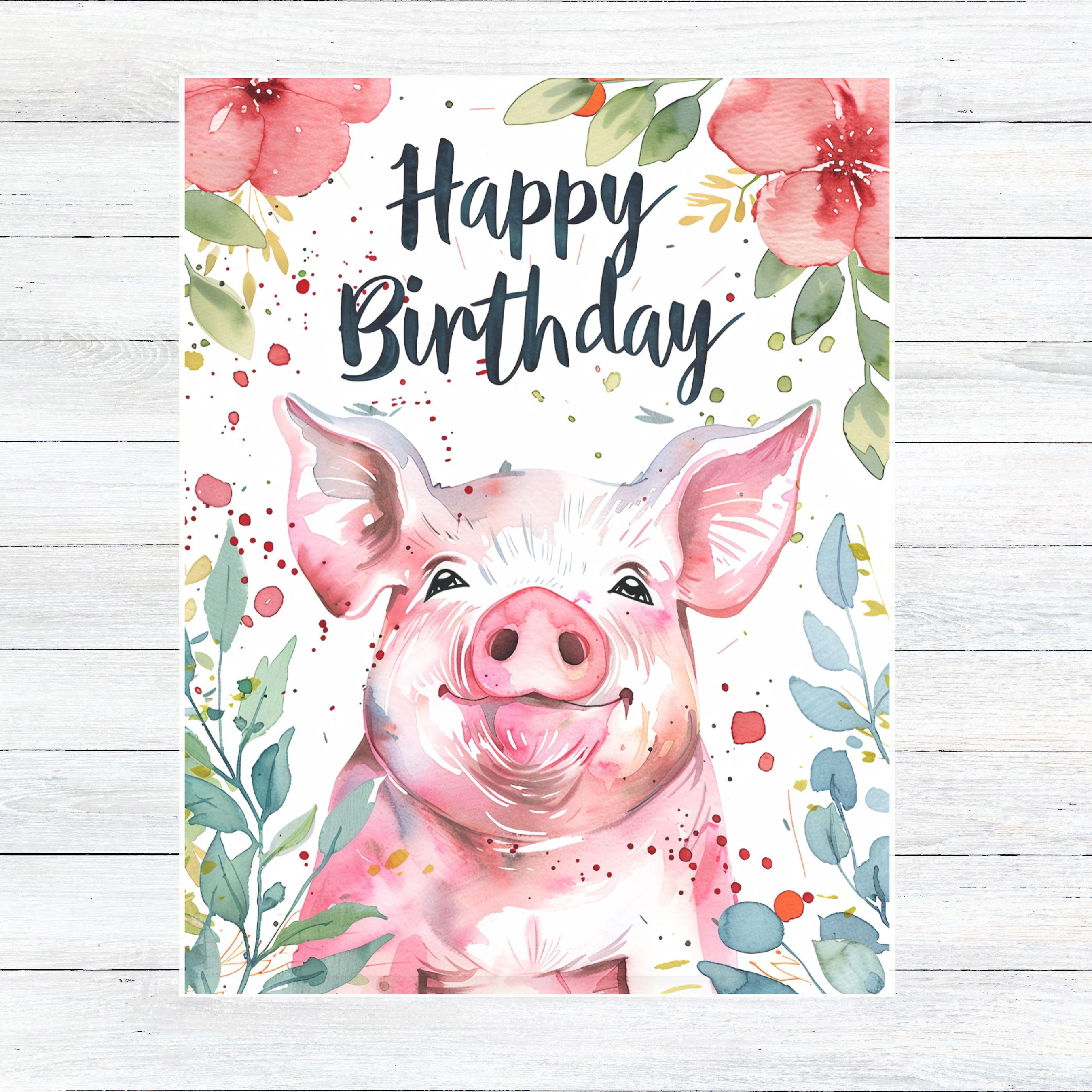 Happy Birthday Piggy Card, Playful Farm Animal Greeting, Watercolor Pig with Flowers, Cheerful Birthday Wishes, Handmade Birthday Greeting Cards