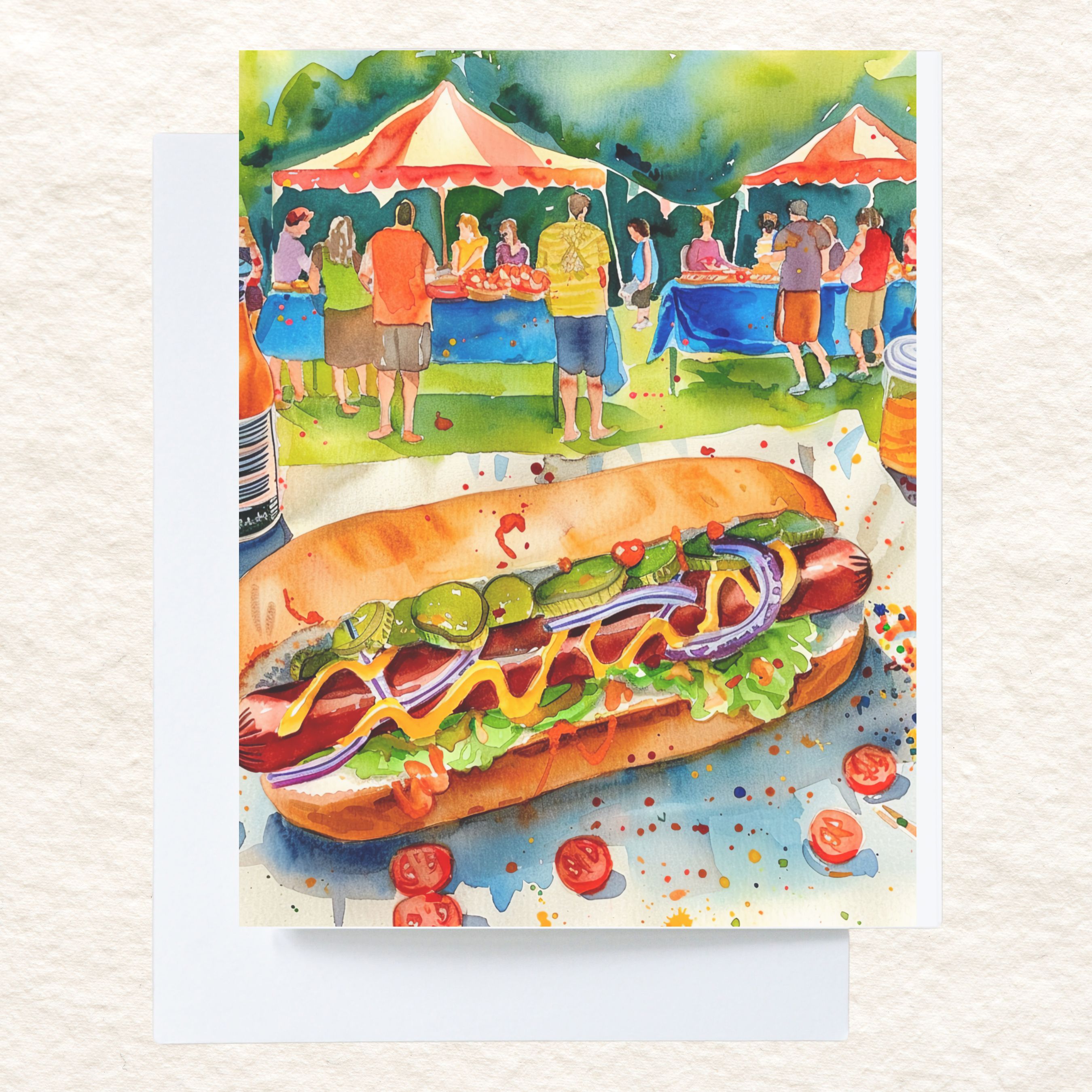 Hot Dog Day Celebration Card, Fun BBQ Party, Summer Watercolor Art, National Hot Dog Day, , Handmade Card, Watercolor Card Note Card, Thank You, Birthday Card, Invitations