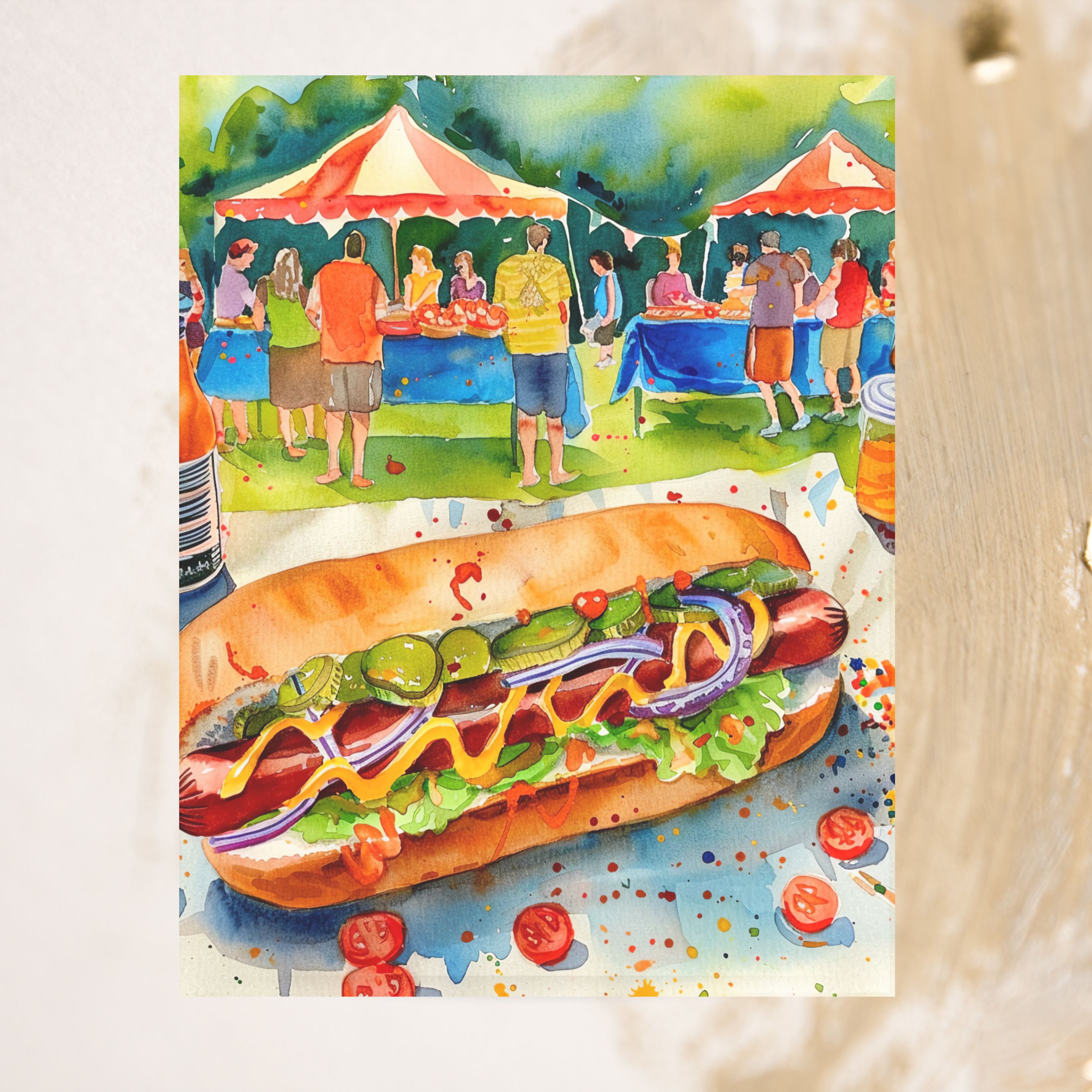 Hot Dog Day Celebration Card, Fun BBQ Party, Summer Watercolor Art, National Hot Dog Day, , Handmade Card, Watercolor Card Note Card, Thank You, Birthday Card, Invitations
