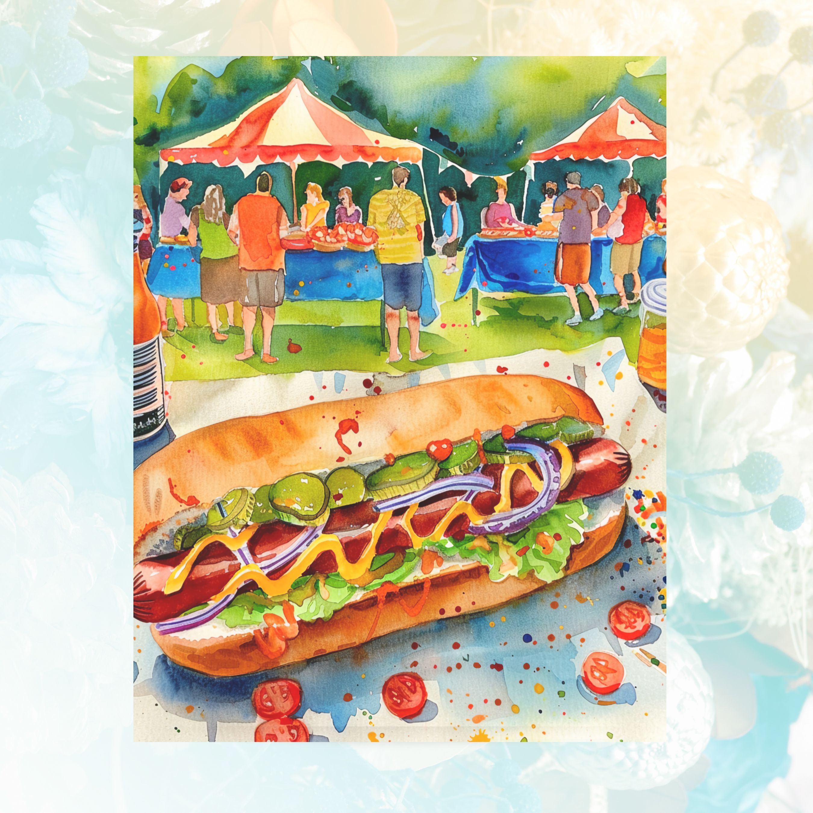 Hot Dog Day Celebration Card, Fun BBQ Party, Summer Watercolor Art, National Hot Dog Day, , Handmade Card, Watercolor Card Note Card, Thank You, Birthday Card, Invitations