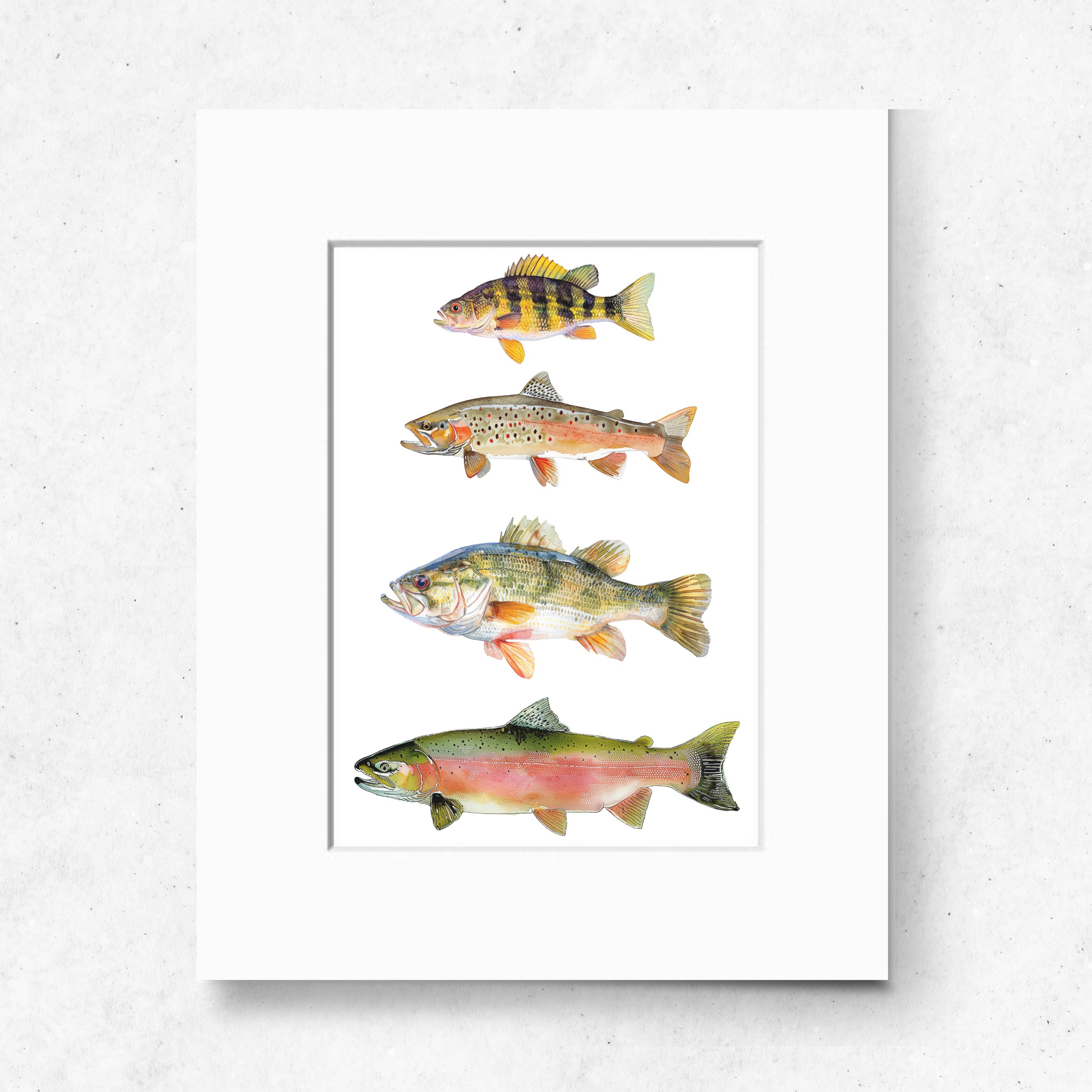 Freshwater Ensemble Art Print, Yellow Perch, Colorado Cutthroat Trout, Large Mouth Bass, Pink Salmon, Watercolor Wildlife, Original Art