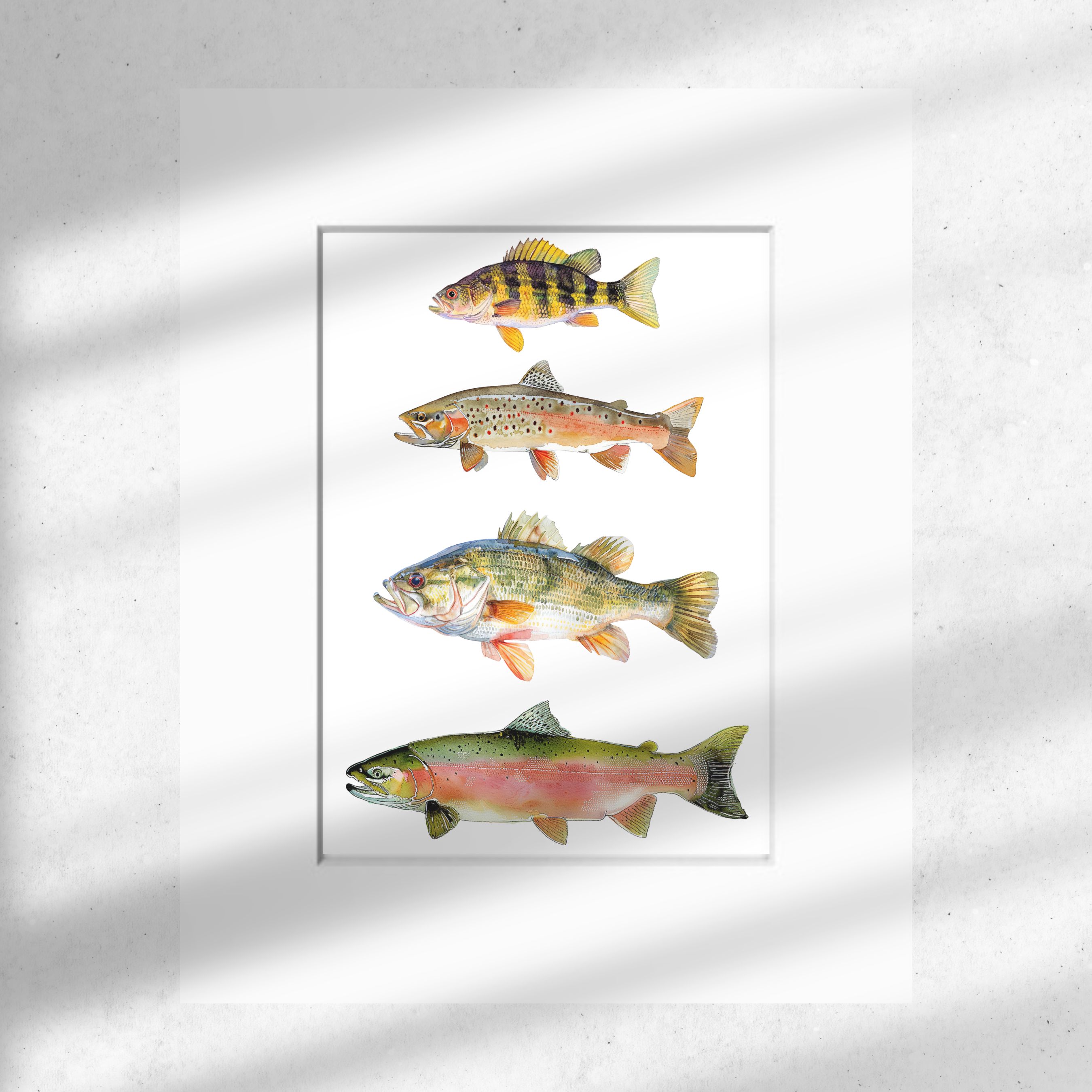 Freshwater Ensemble Art Print, Yellow Perch, Colorado Cutthroat Trout, Large Mouth Bass, Pink Salmon, Watercolor Wildlife, Original Art