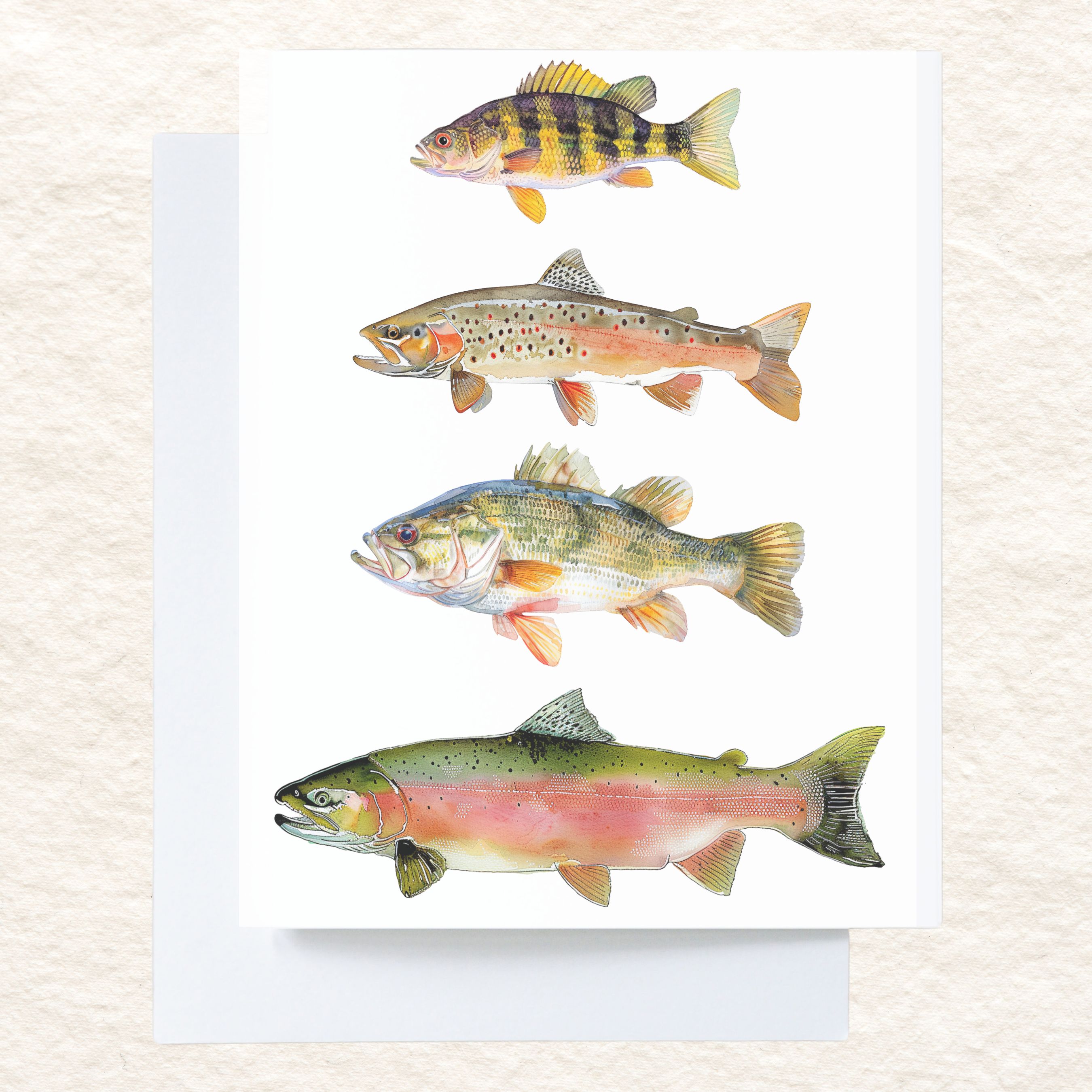 Freshwater Ensemble Watercolor Greeting Card, Yellow Perch, Colorado Cutthroat Trout, Large Mouth Bass, Pink Salmon, Note Card, All Occasion, Birthday Card, Invitations