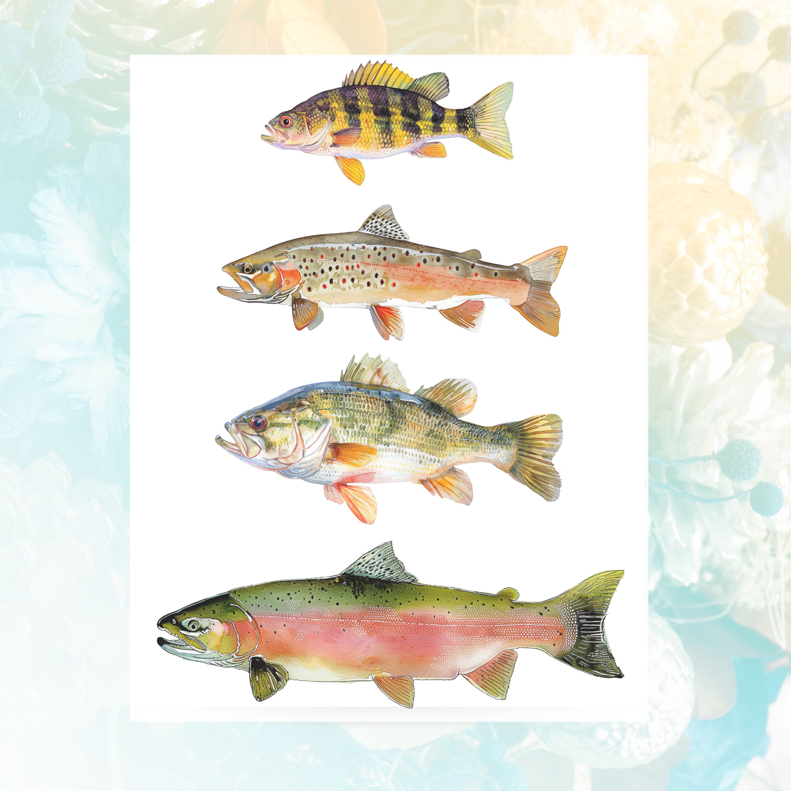 Freshwater Ensemble Watercolor Greeting Card, Yellow Perch, Colorado Cutthroat Trout, Large Mouth Bass, Pink Salmon, Note Card, All Occasion, Birthday Card, Invitations