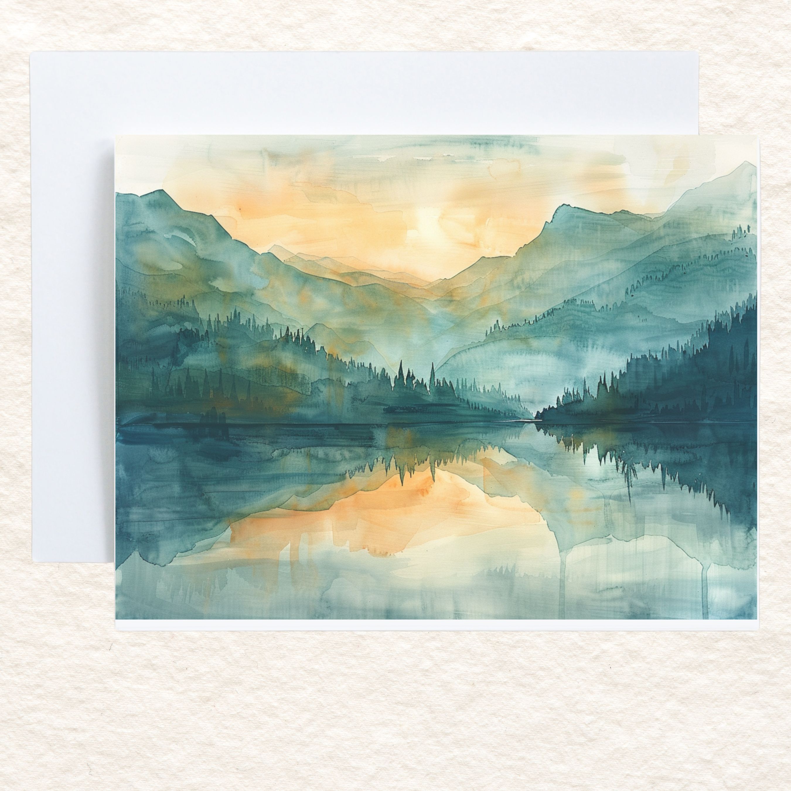 Sunrise Serenity, Watercolor Lake, Mountain Reflections, Tranquility, Note Card Greeting, Thank You, All Occasion, Birthday Card, Invitations