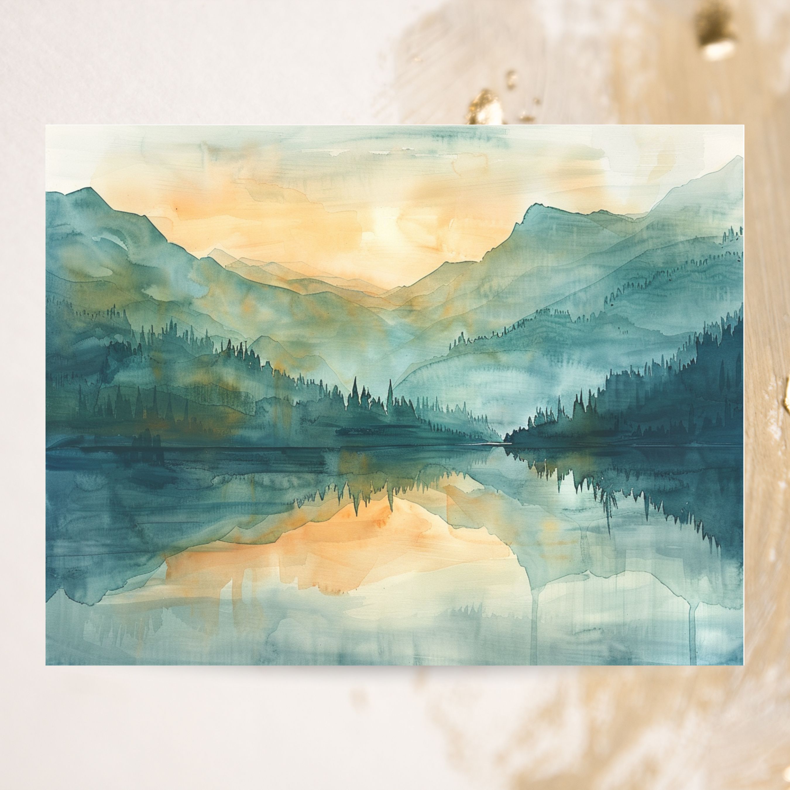 Sunrise Serenity, Watercolor Lake, Mountain Reflections, Tranquility, Note Card Greeting, Thank You, All Occasion, Birthday Card, Invitations