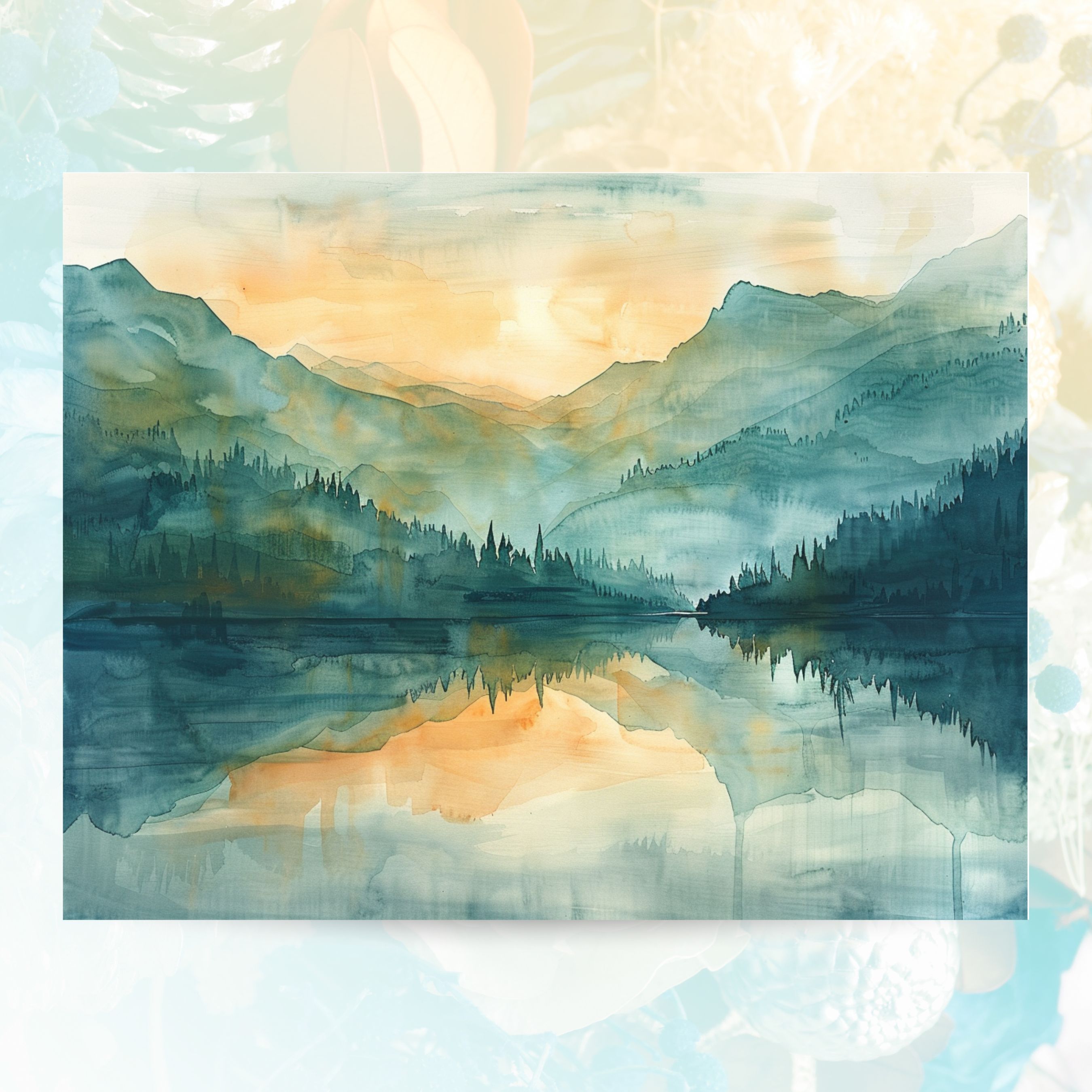 Sunrise Serenity, Watercolor Lake, Mountain Reflections, Tranquility, Note Card Greeting, Thank You, All Occasion, Birthday Card, Invitations