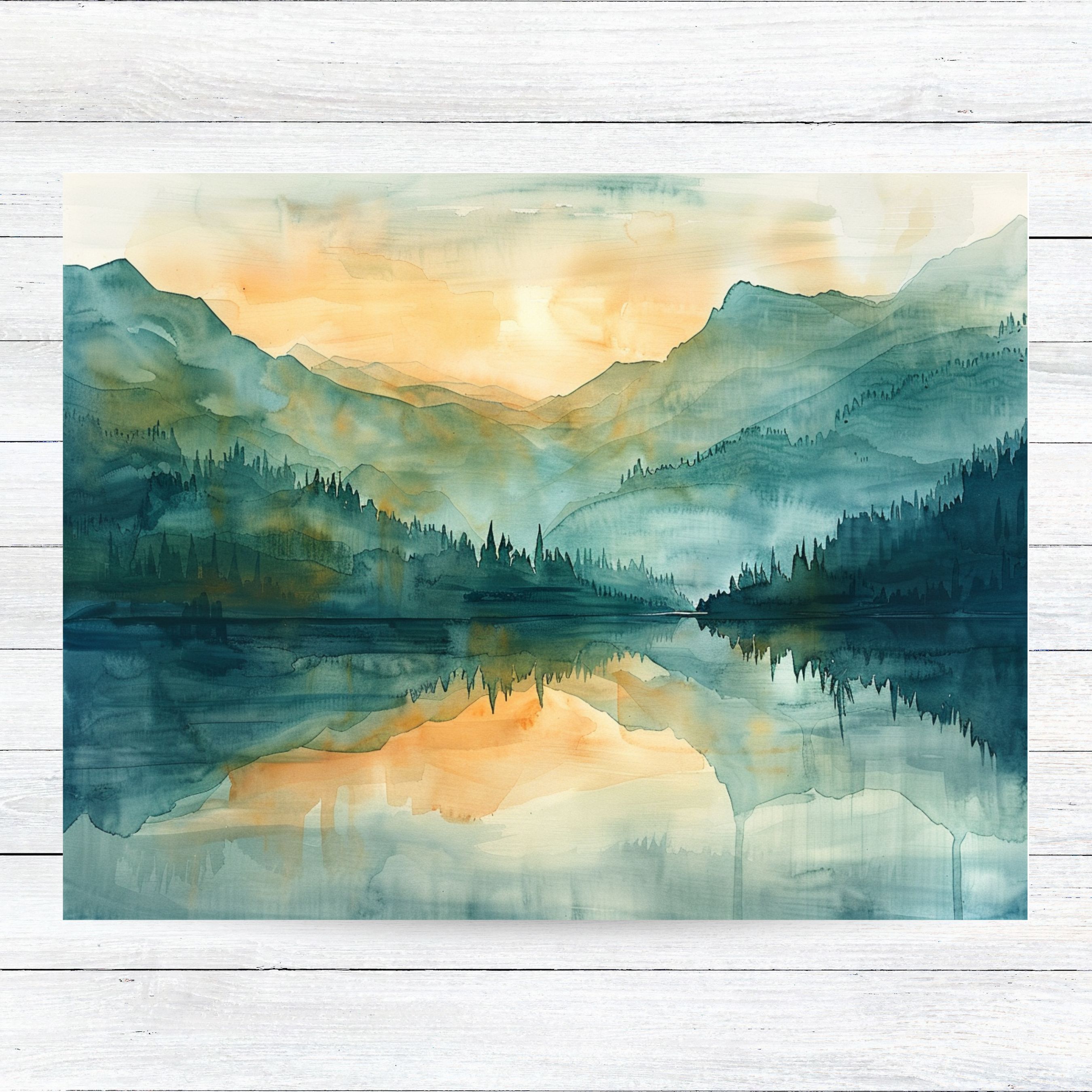 Sunrise Serenity, Watercolor Lake, Mountain Reflections, Tranquility, Note Card Greeting, Thank You, All Occasion, Birthday Card, Invitations