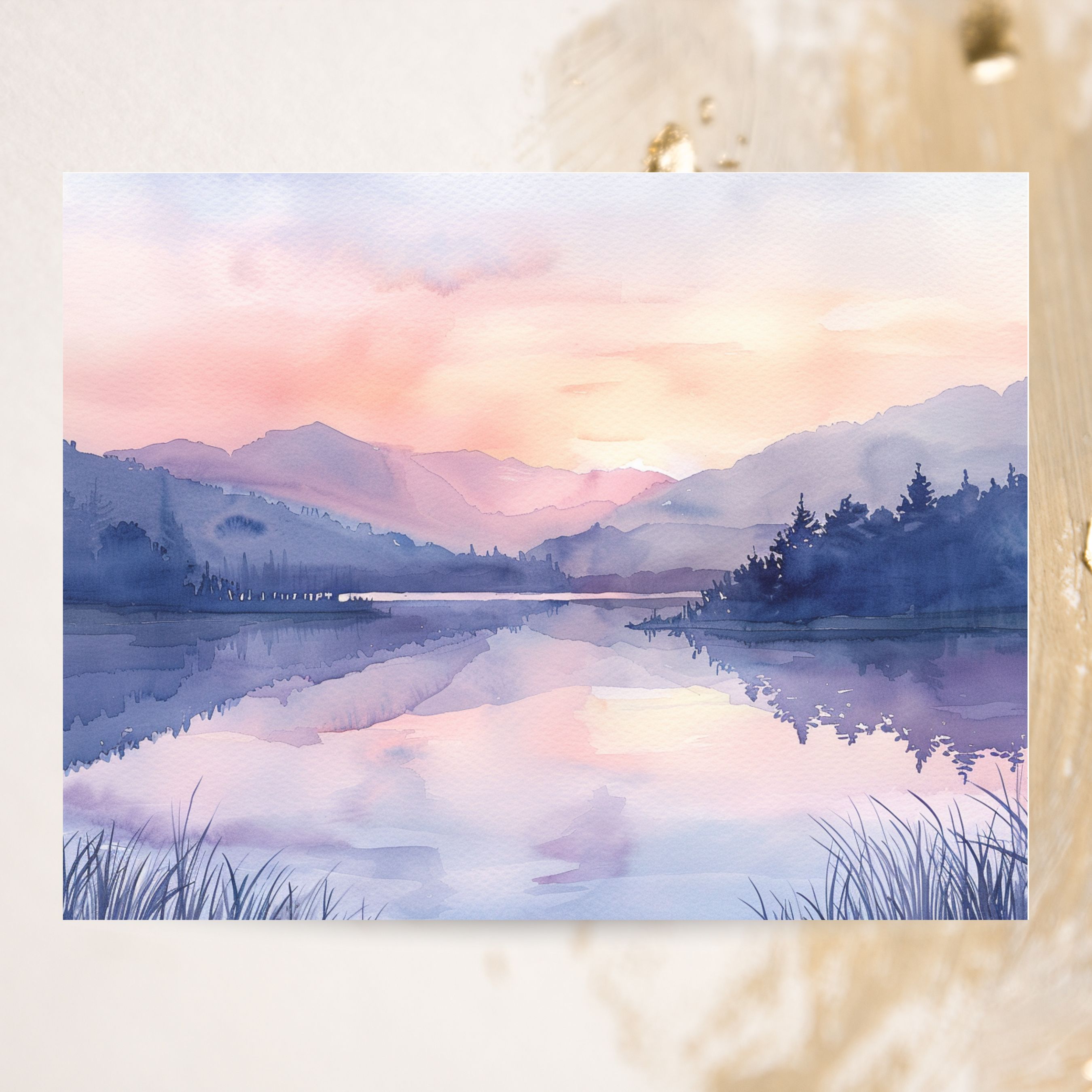Sunset Glow, Watercolor Mountains, Lake Reflection, Evening Serenity Note Card Greeting, Thank You, All Occasion, Birthday Card, Invitations