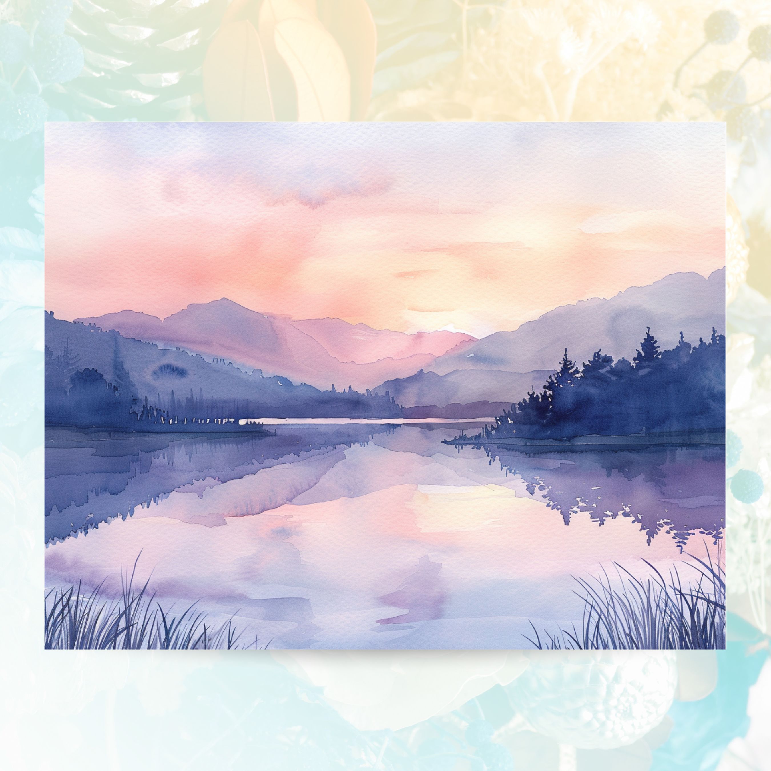 Sunset Glow, Watercolor Mountains, Lake Reflection, Evening Serenity Note Card Greeting, Thank You, All Occasion, Birthday Card, Invitations