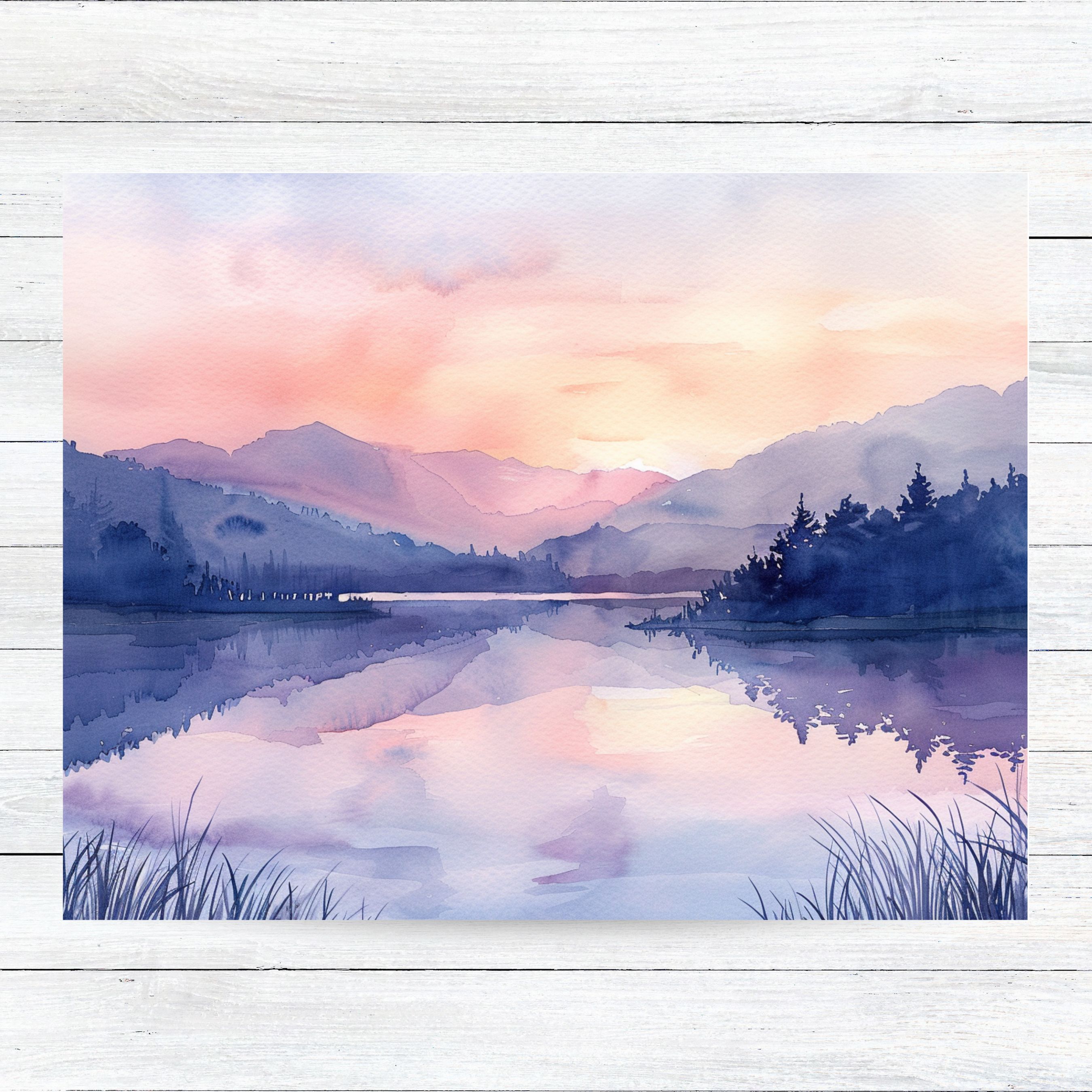 Sunset Glow, Watercolor Mountains, Lake Reflection, Evening Serenity Note Card Greeting, Thank You, All Occasion, Birthday Card, Invitations