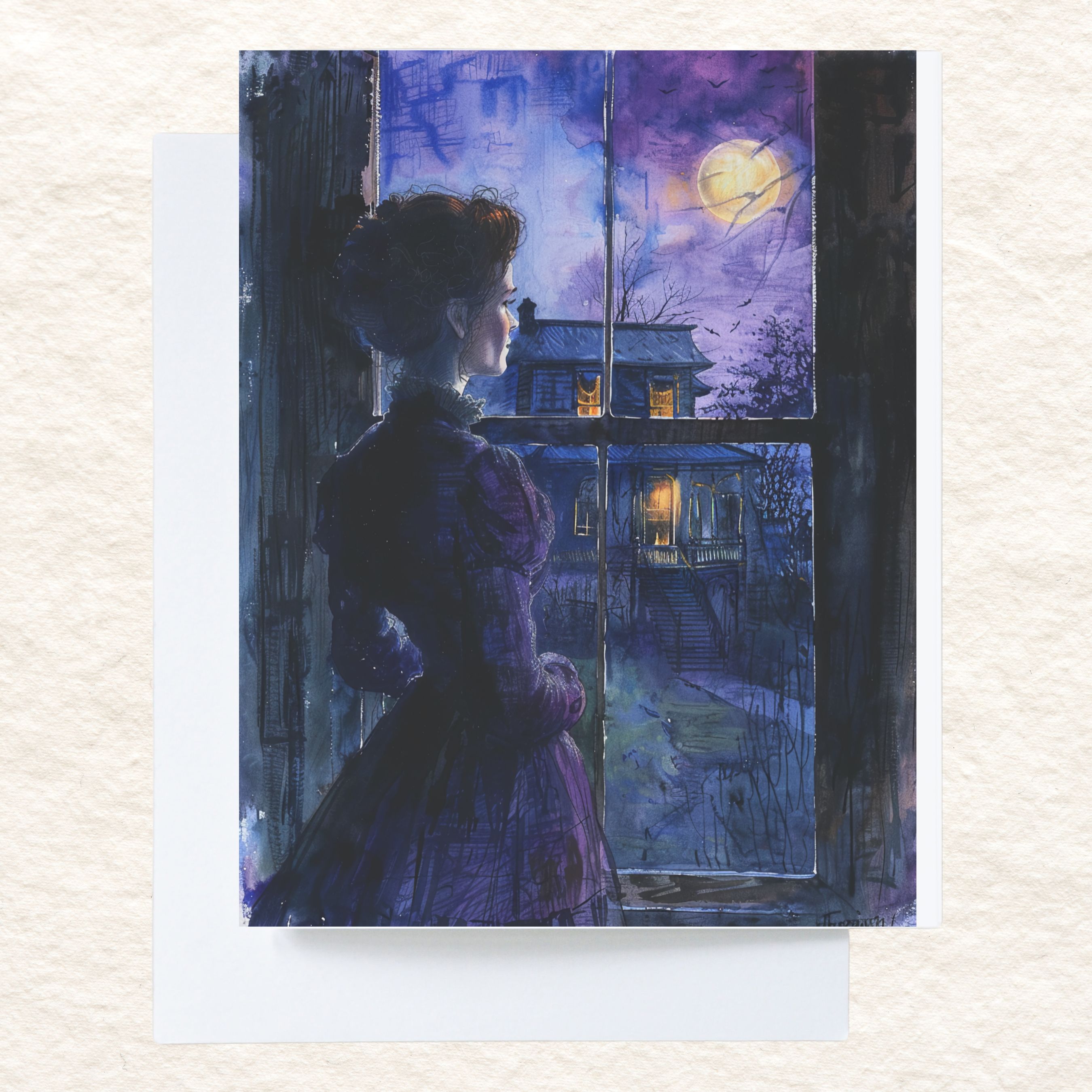 Gothic Mystery, Victorian Lady at Window, Haunted House Spooky Season Note Card Greeting Thank You, All Occasion, Birthday Card, Invitations