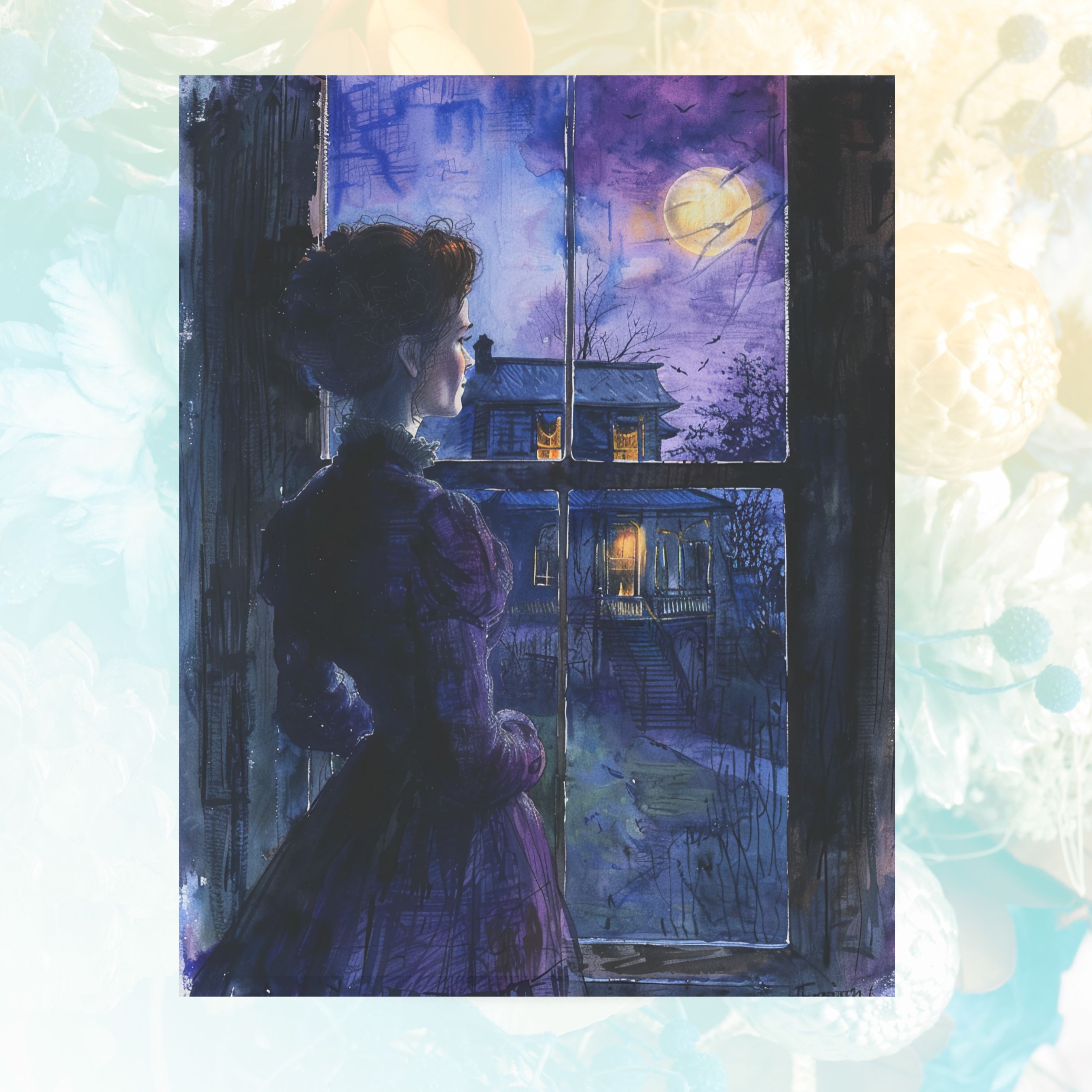 Gothic Mystery, Victorian Lady at Window, Haunted House Spooky Season Note Card Greeting Thank You, All Occasion, Birthday Card, Invitations