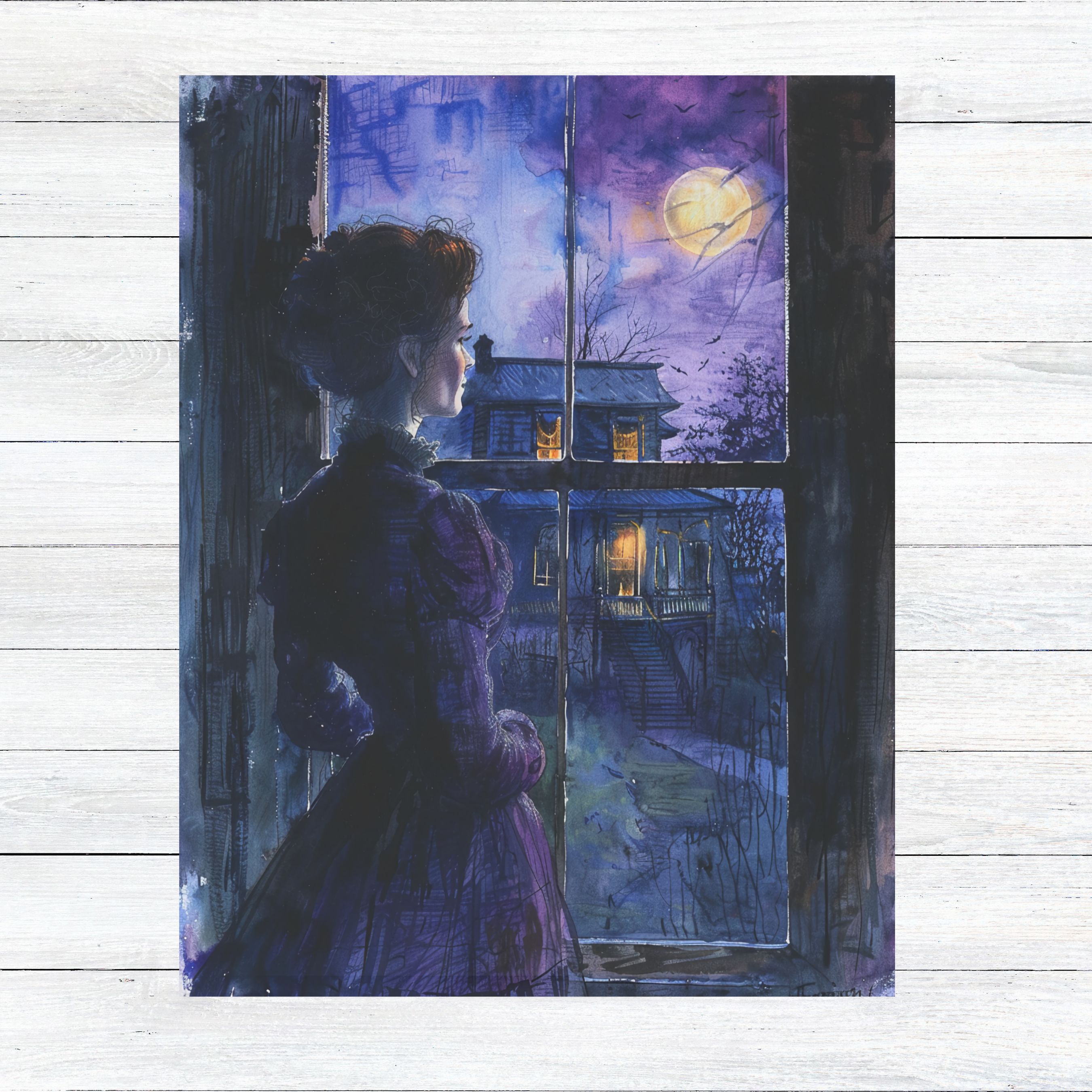Gothic Mystery, Victorian Lady at Window, Haunted House Spooky Season Note Card Greeting Thank You, All Occasion, Birthday Card, Invitations