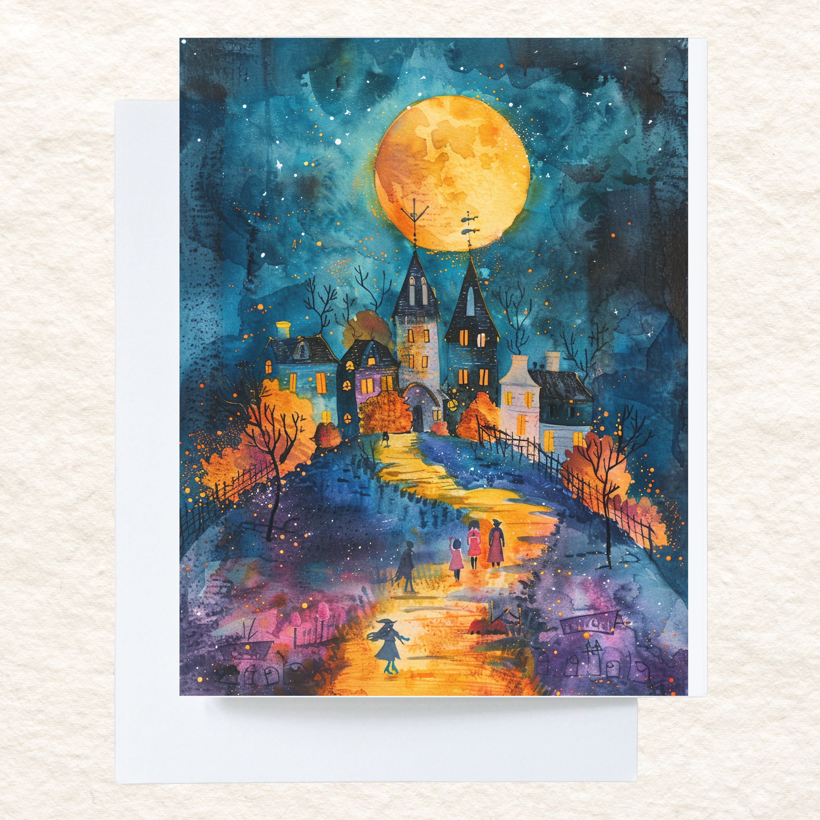 Moonlit Village Halloween, Whimsical Night Scene, Spooky Season, Note Card Greeting, Thank You, All Occasion, Birthday Card, Invitations